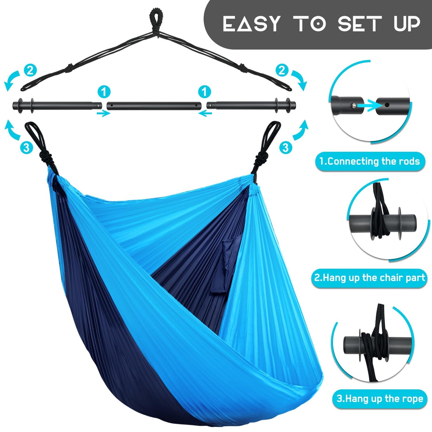 Hammock Chair, Portable Outdoor Hanging Rope Swing, Max 500 Lbs, Collapsible and Lightweight Nylon Parachute Hammocks Chair for Indoor, Backpacking, Travel, Backyard, Patio, Hiking (Navy,Blue)