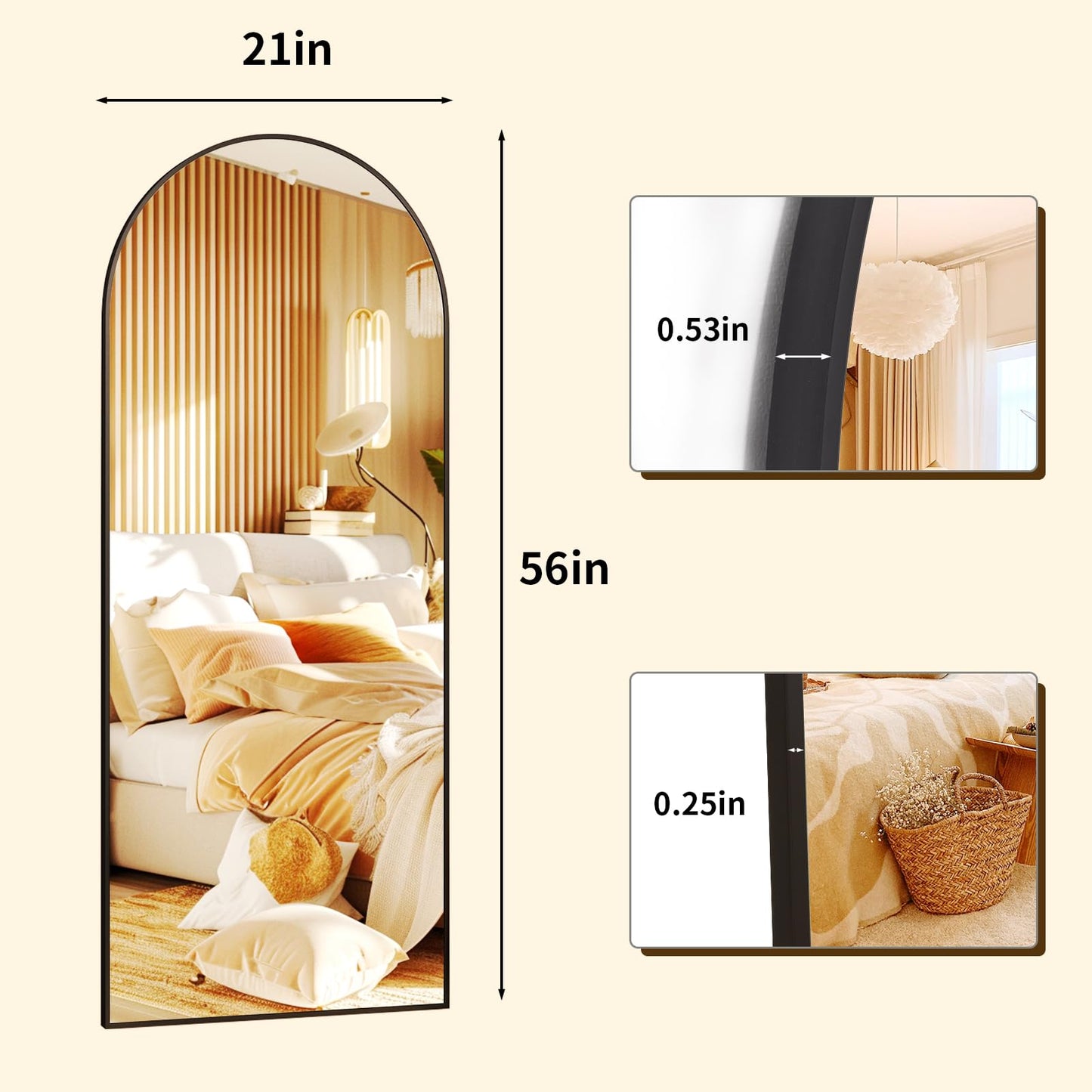 XRAMFY 56"x21" Arched Full Length Mirror Floor Mirrors with Aluminum Alloy Frame Free-Standing Wall Mounted Floor Mirrors or Large Dressing Mirror, Black Mirror Full Length