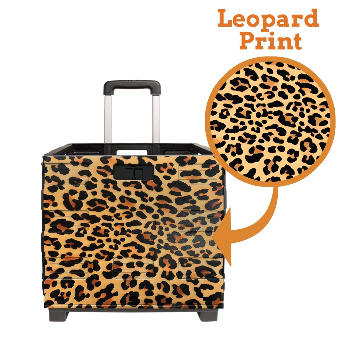 Inspired Living Ultra-Slim Rolling Collapsible Storage Pack-N-Roll Utility-carts, with Telescopic Handle, for Home, Garden, Shopping, Office, School use, Large, Leopard