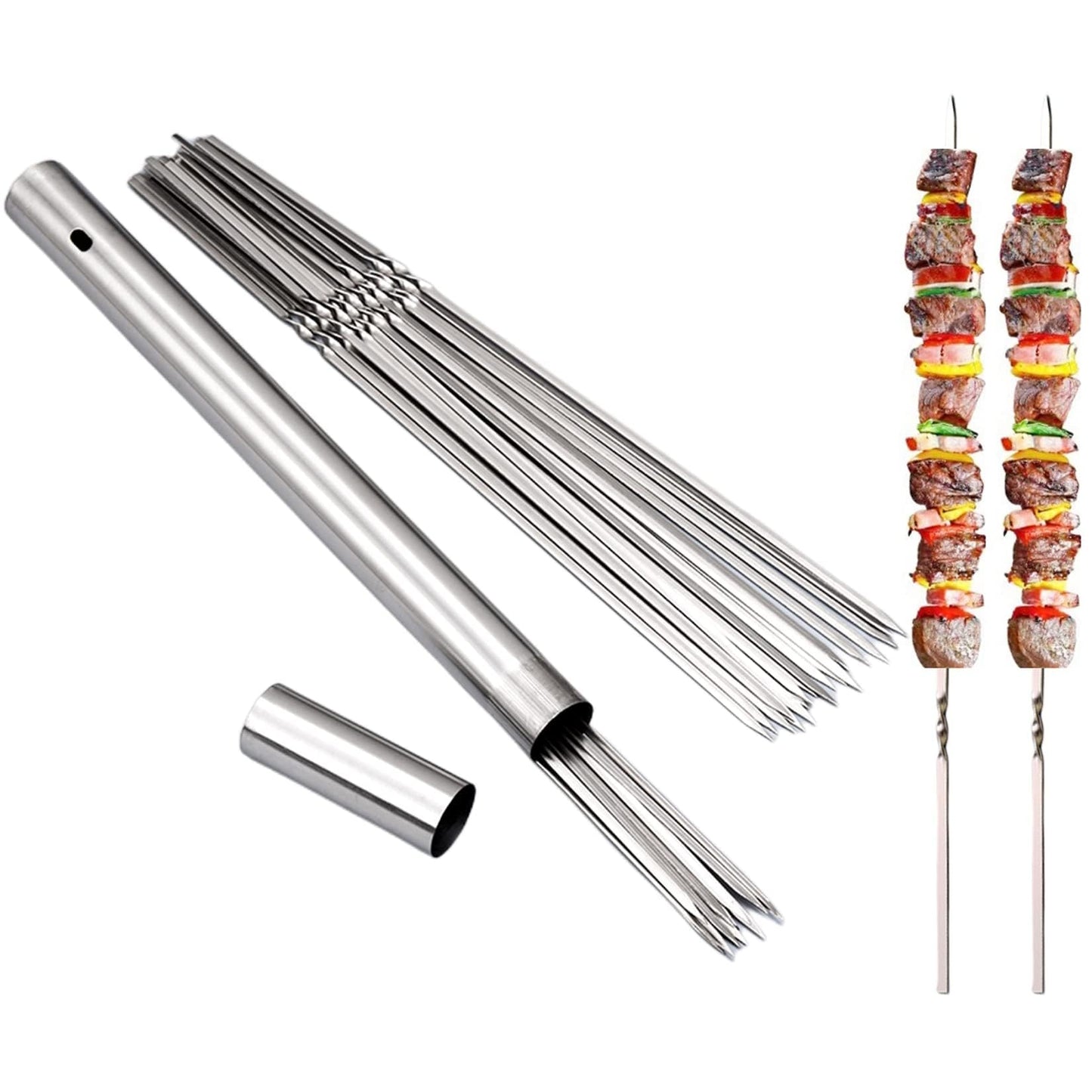 WILLBBQ 304 Stainless Steel 13.2" (33.5cm) Flat Barbecue Skewers,20PCS/40PCS BBQ Kebab Skewers with Portable Metal Storage Tube,Reusable for Grilling Barbecue Kitchen Party and Outdoor Cooking (40PCS)