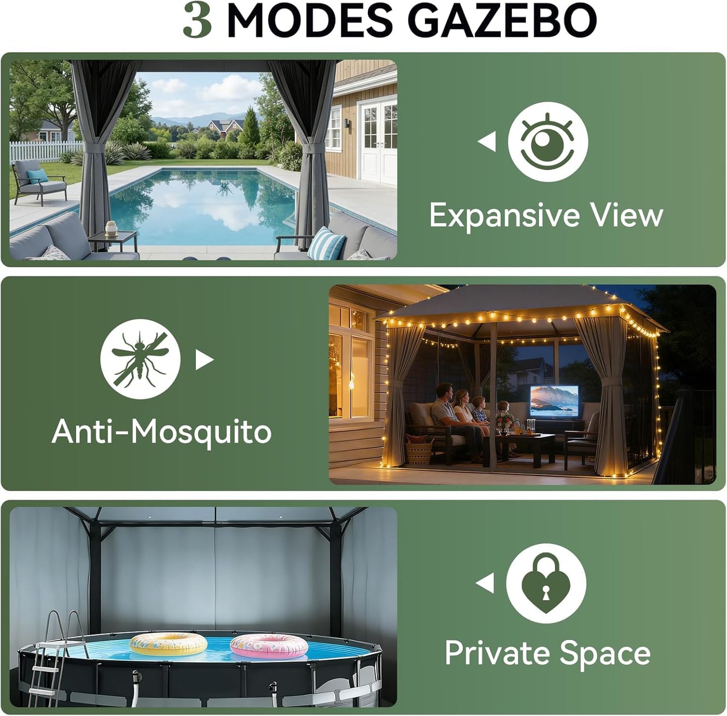 Aoxun Outdoor Gazebo for Patio 10x12, Metal Frame Canopy with Double Roofs, Heavy Duty Party Tent and Shelter with Mosquito Netting and Privacy Screen for Backyard, Lawn, Garden, Deck