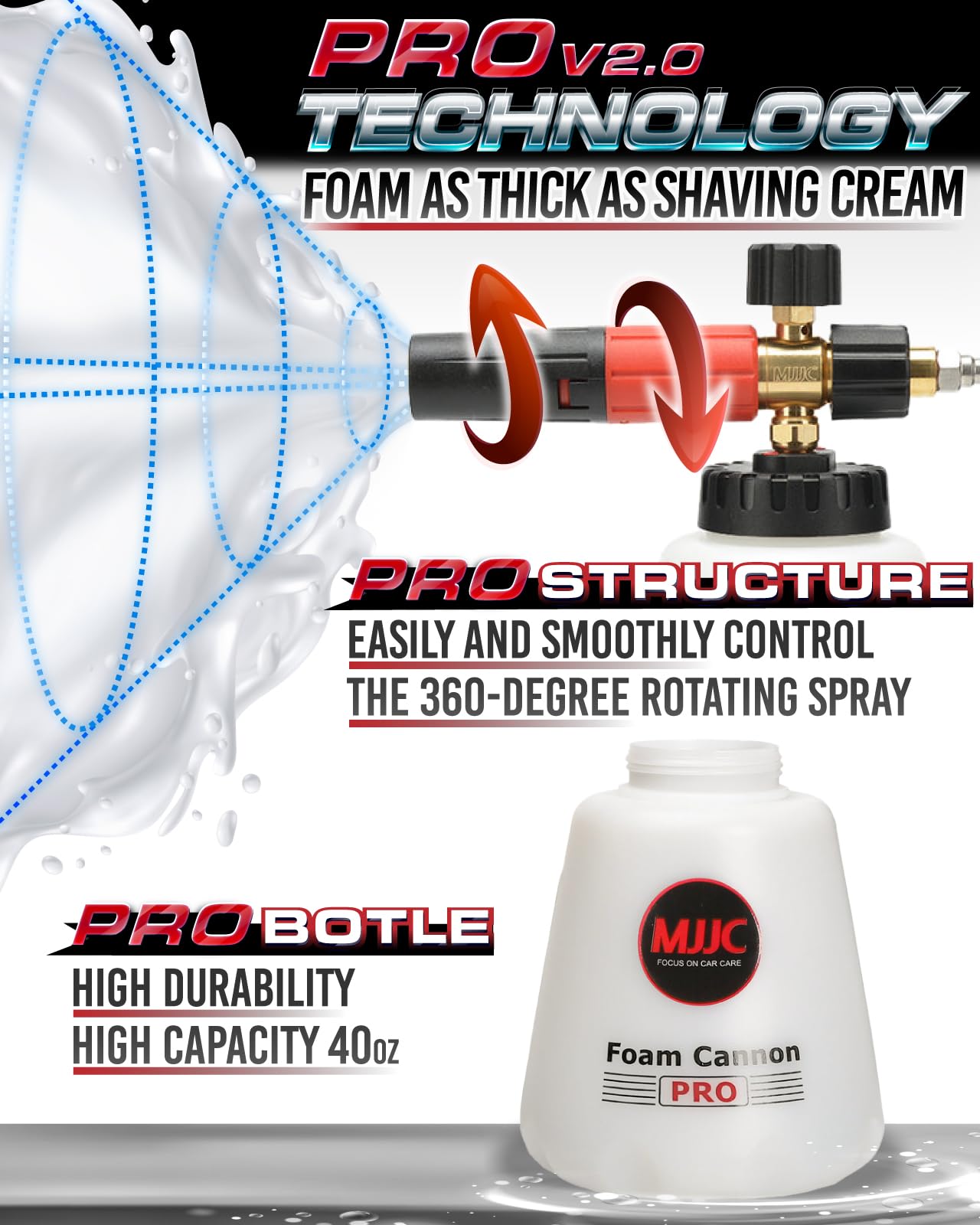 MJJC Foam Cannon Pro V2.0 (Thicker Snow Foam Technology) with 1/4 Inch Quick Connector for Pressure Washer, 40 oz Bottle (Pro V2.0 (1/4" Quick Connector) + SOAP Sample)