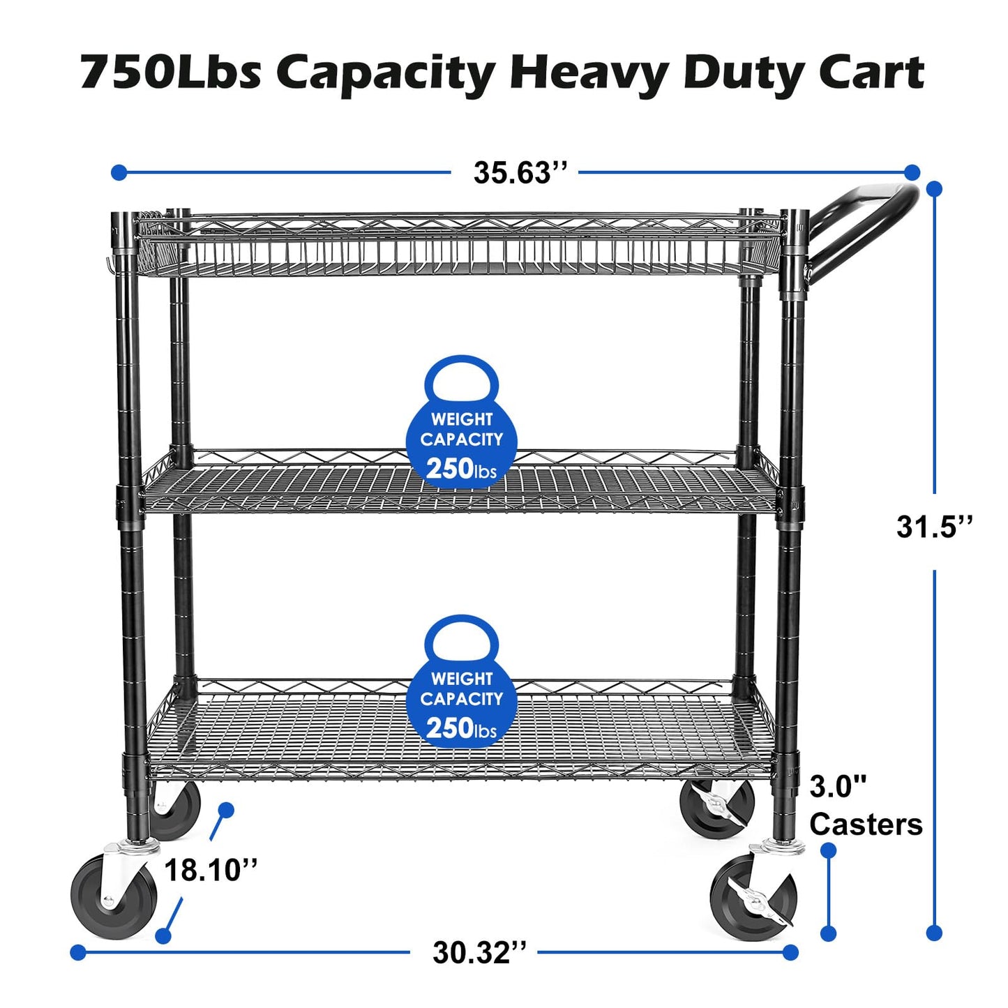 WDT Heavy Duty 3 Tier Utility Cart,Wire Rolling Cart with Wheels, Commercial Grade Service Cart with Shelving Liners and Handle Bar Metal Carts for Kitchen Office Hardware