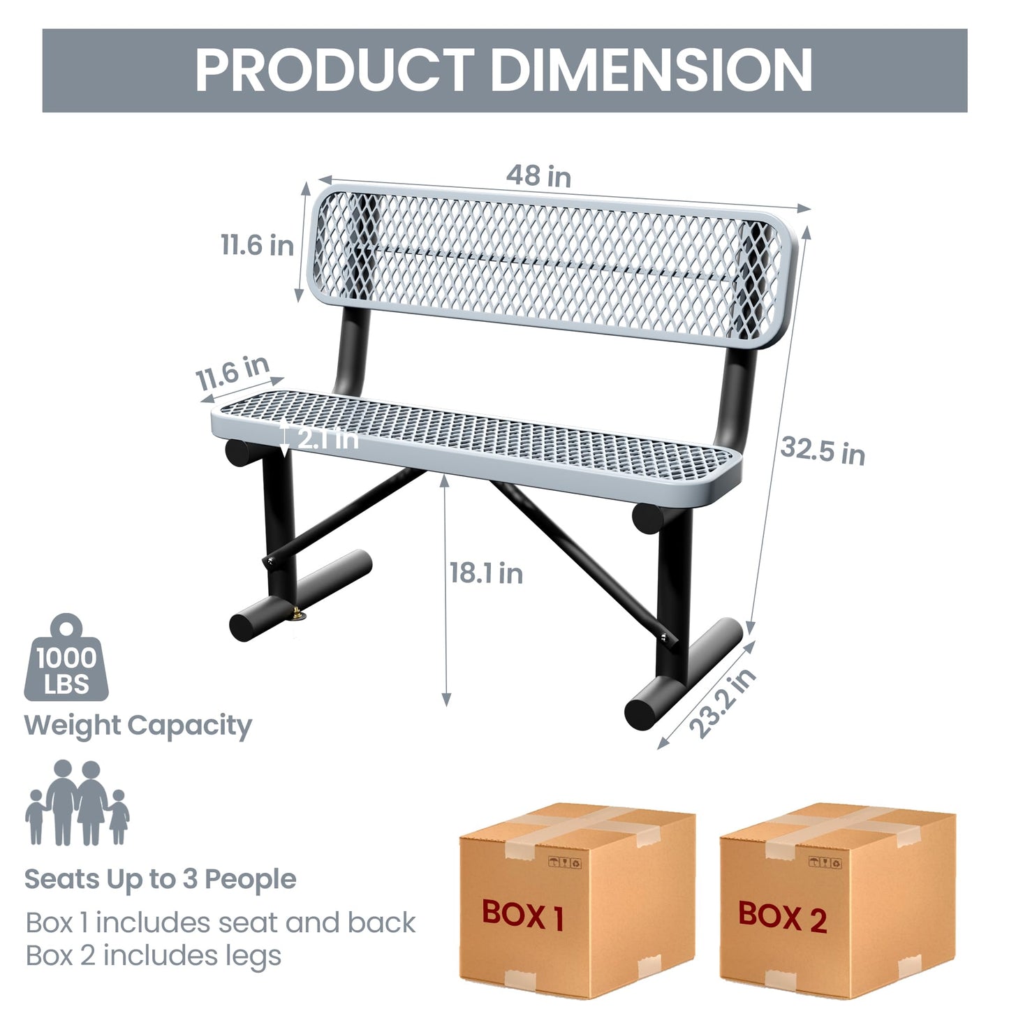 Sunnibety 4 Feet Steel Park Bench for Outside, Outdoor Bench with Backrest & Portable Frame, Commercial Benches for Shopping Malls, Stores, Parks, Patios, Decks, Grey