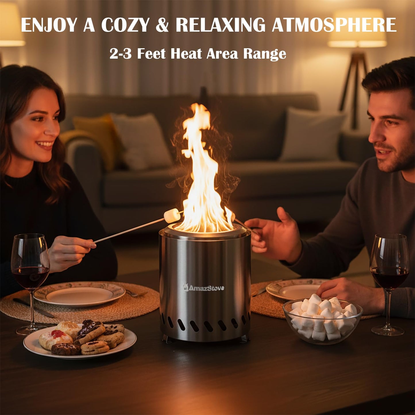 9.7 x 7.1 Inch Tabletop Fire Pit by AmazStove, Low Smoke Camping Stove for Outdoor Safe Burning Firepits, Fueled Pellets or Wood, Travel Bag Included (Silver, 9.7 x 7.1 INCH)