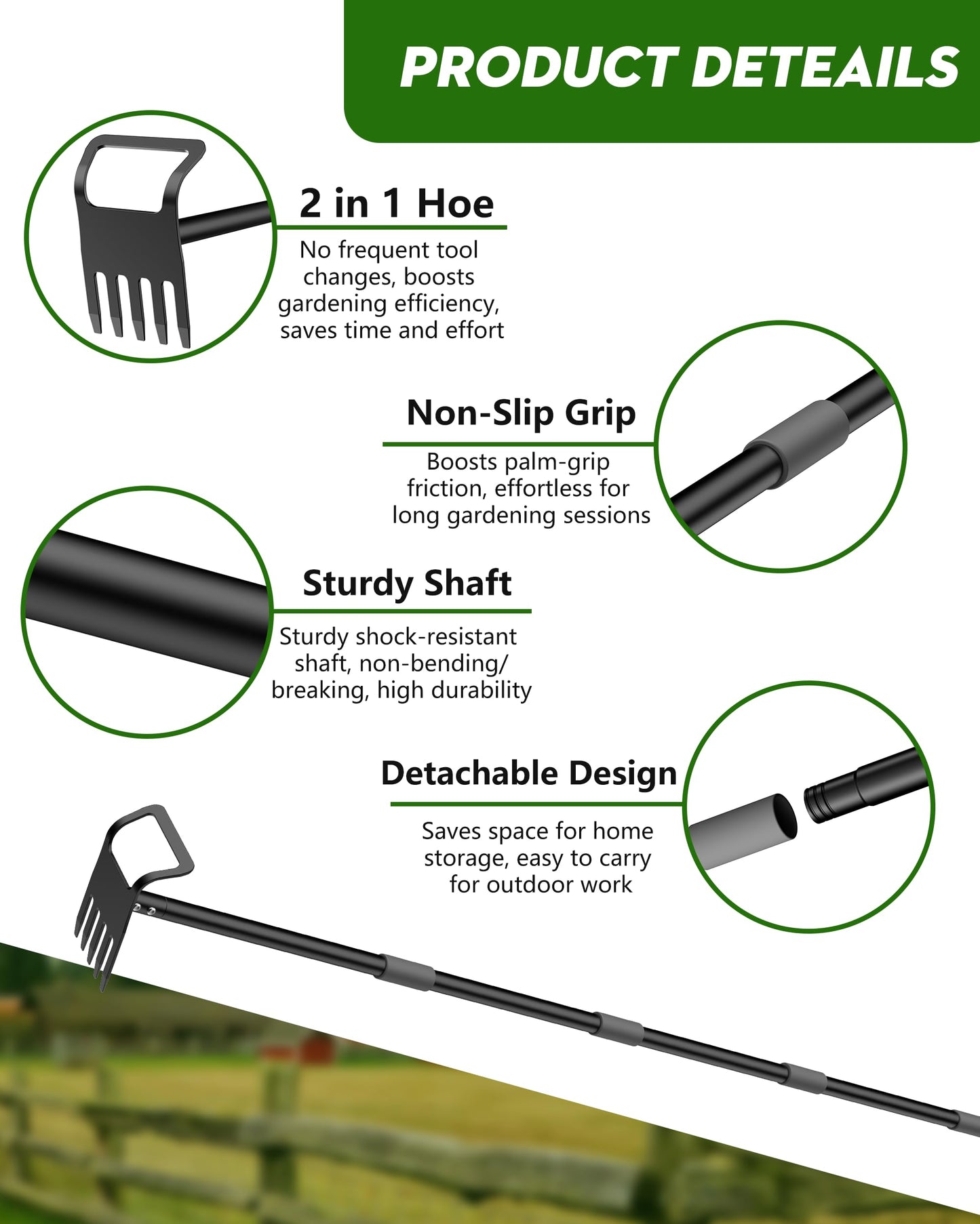 Garden Hoe, 2-in-1 Garden Hoe, 60" Adjustable Handle, Sharp Blade, Efficient Weeding & Tilling Tool for Gardening