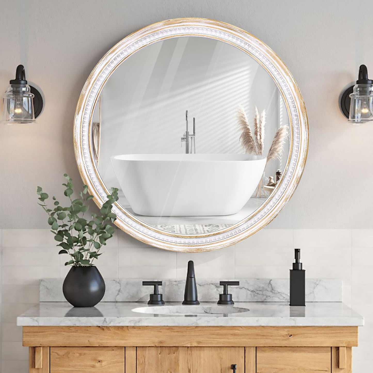HOITUZYUS Farmhouse Round Wood Mirror 30 Inch, Rustic Boho Circle Decorative Mirrors for Bathroom, Living Room, Entryway, Bedroom, Hallway