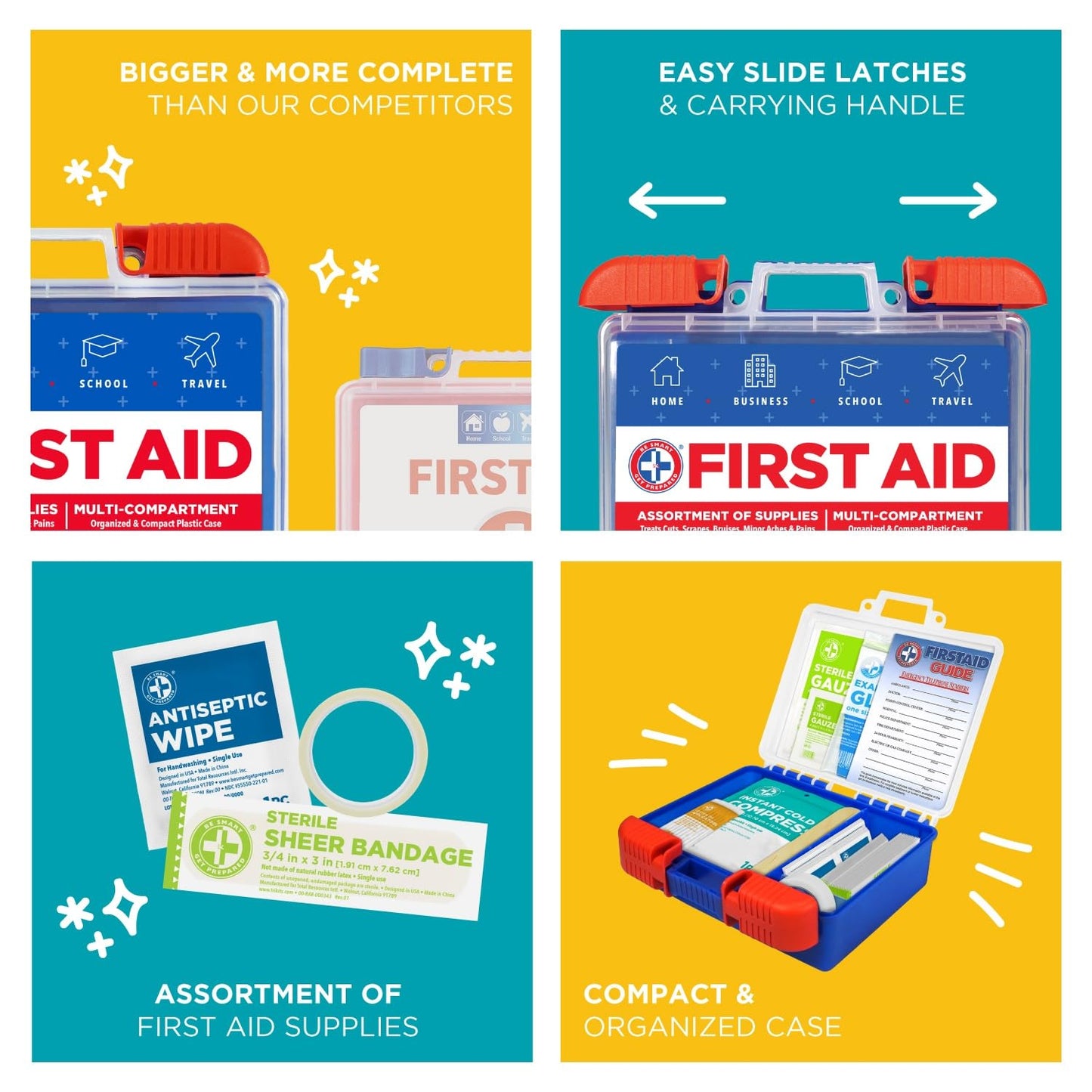 Be Smart Get Prepared 110 pc First Aid Kit (4 Pack): Clean, Treat, Protect Minor Cuts, Home, Office, Car, School, Business, Travel, Emergency, Outdoor, Camping & Sports (Packaging May Vary)