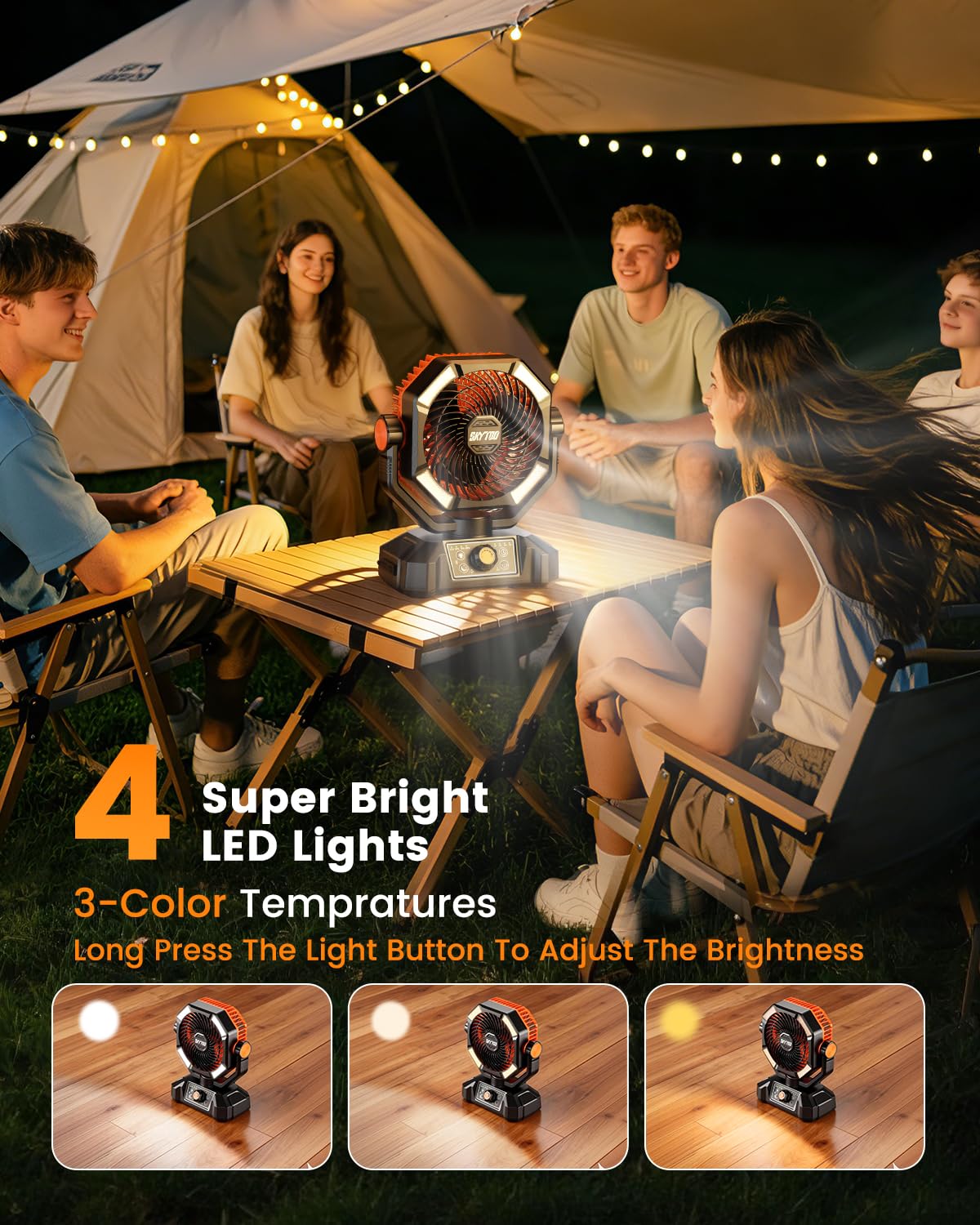 Skytoo Camping Fan, 20000mAh Battery Powered Fan with LED Lantern, Rechargeable Battery Operated Oscillating with Remote Hook, 8 Speeds Outdoor Fans for Teny, Picnic, Fishing, Travel, Jobsite Black