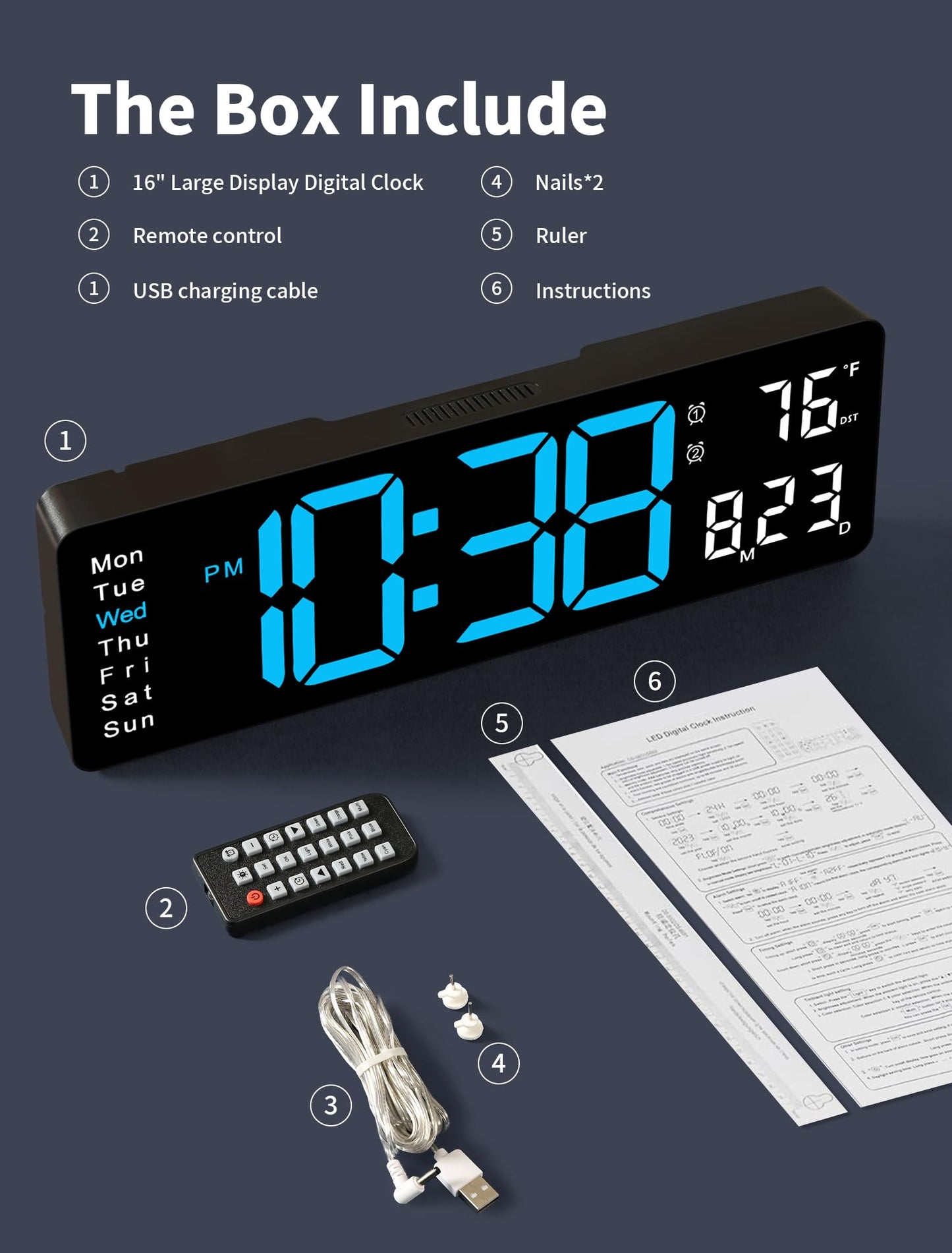 MASHI Digital Wall Clock, 16" Large Display Digital Clock with Remote Control, Auto-Dimming Wall Clock with Night Light, DST, Date Week,Temp for Living Room, Bedroom, Decor, for Elderly