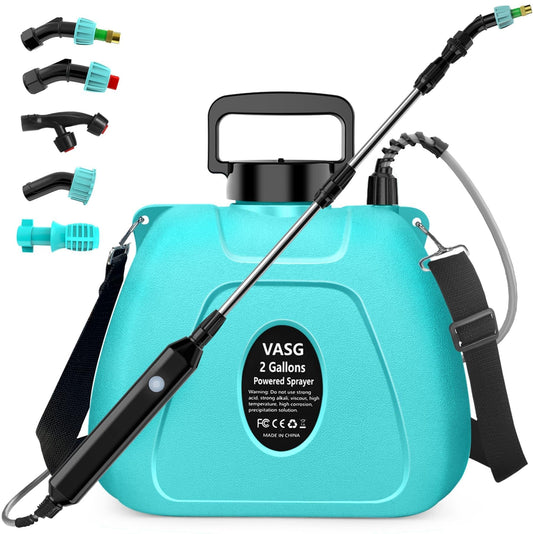 VASG 2 Gallon Battery Powered Garden Sprayer, Powerful Electric Pump Sprayer, Weed Sprayer with USB Rechargeable Handle, 5 Mist Nozzles, Retractable Wand, Adjustable Strap for Lawn, Garden, Yard