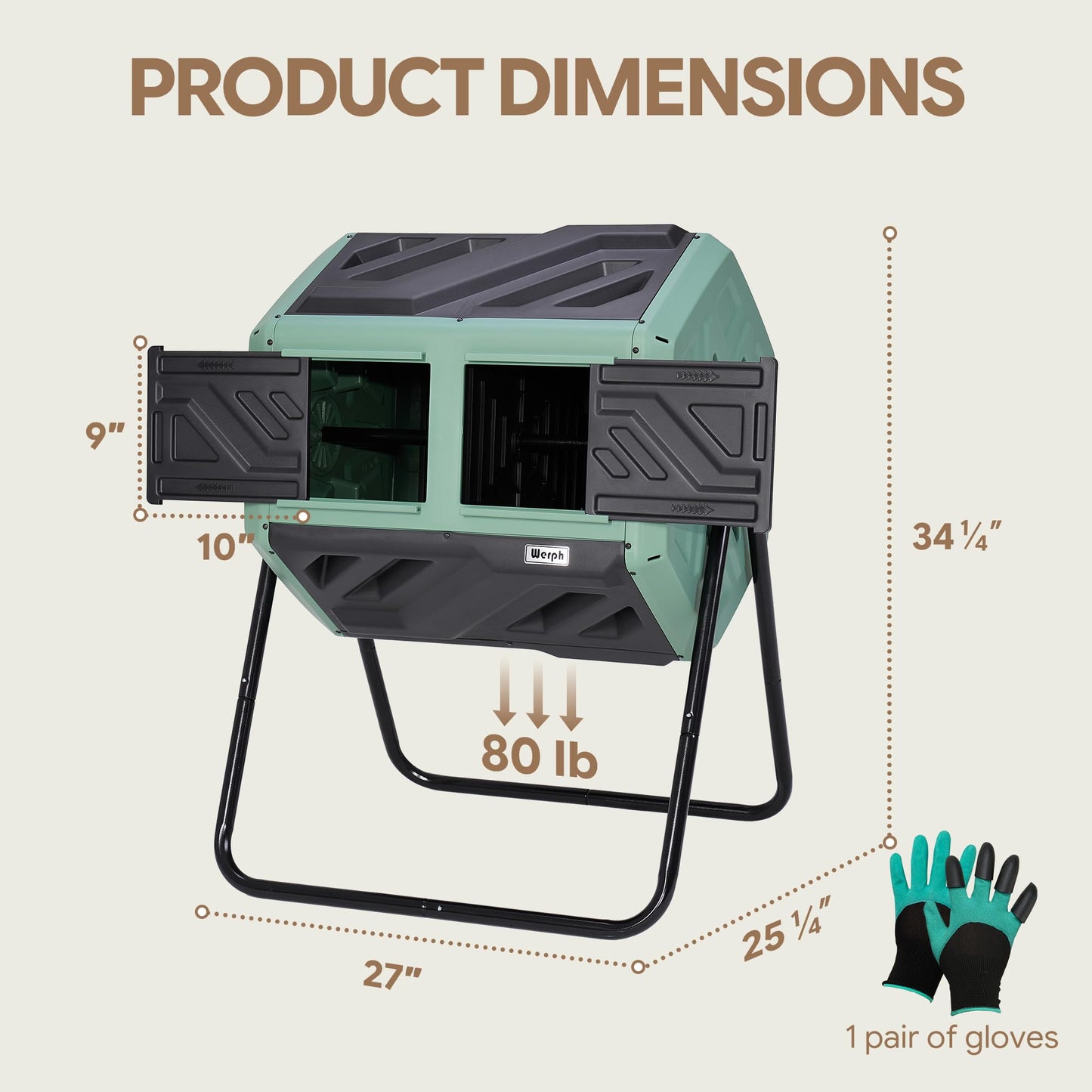 Werph Updated 43 Gallon Dual-Chamber Compost Bin, Fast Assembly Rotating Outdoor Compost Tumbler, Batch Composter with Gloves for Garden, Kitchen, and Yard Waste, Green & Black