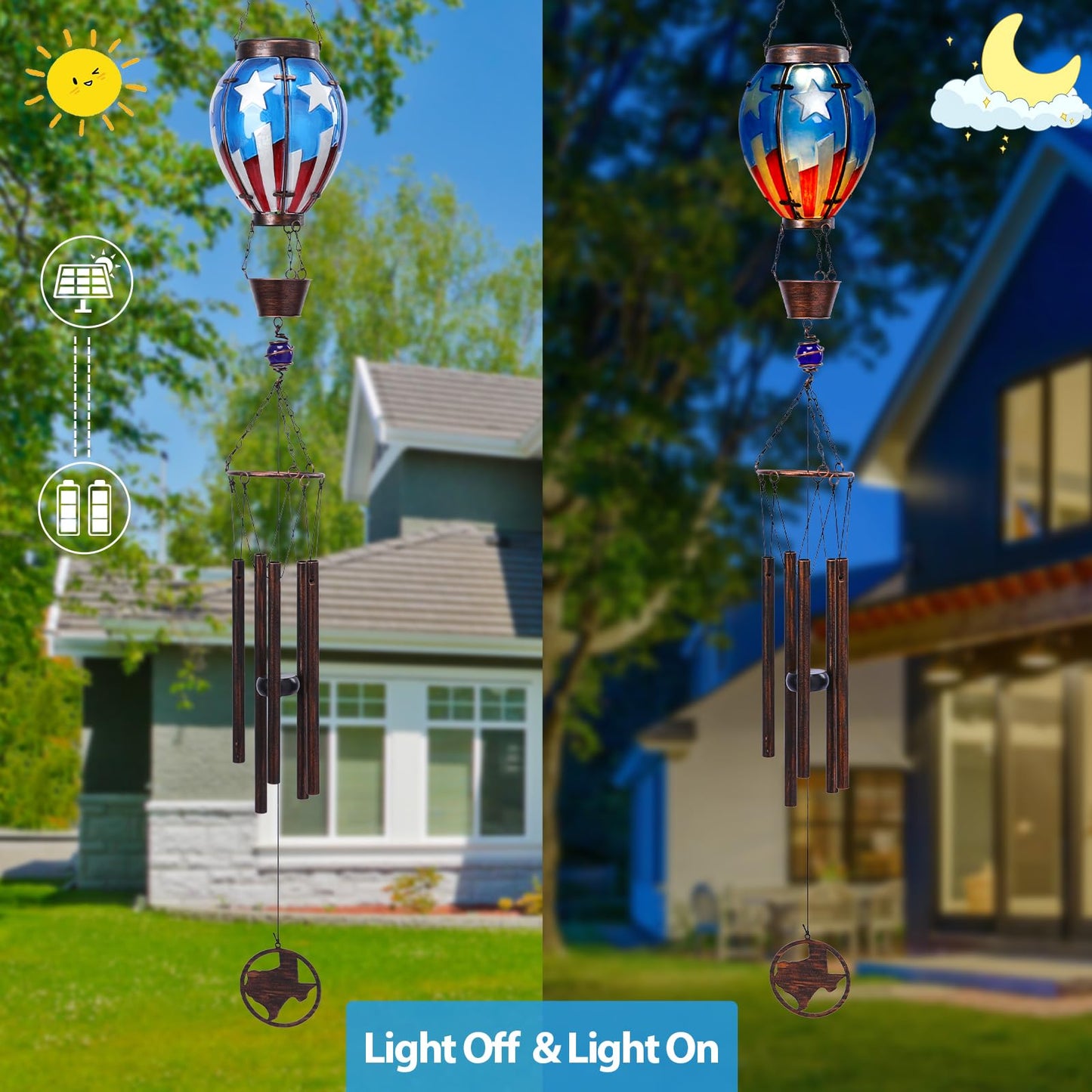 MUMTOP Solar Wind Chimes for Outside - American Flag Hot Air Balloon Wind Chimes Outdoor Unique, Glass Windchimes Clearance for Garden, Patio,Yard Decor Gift