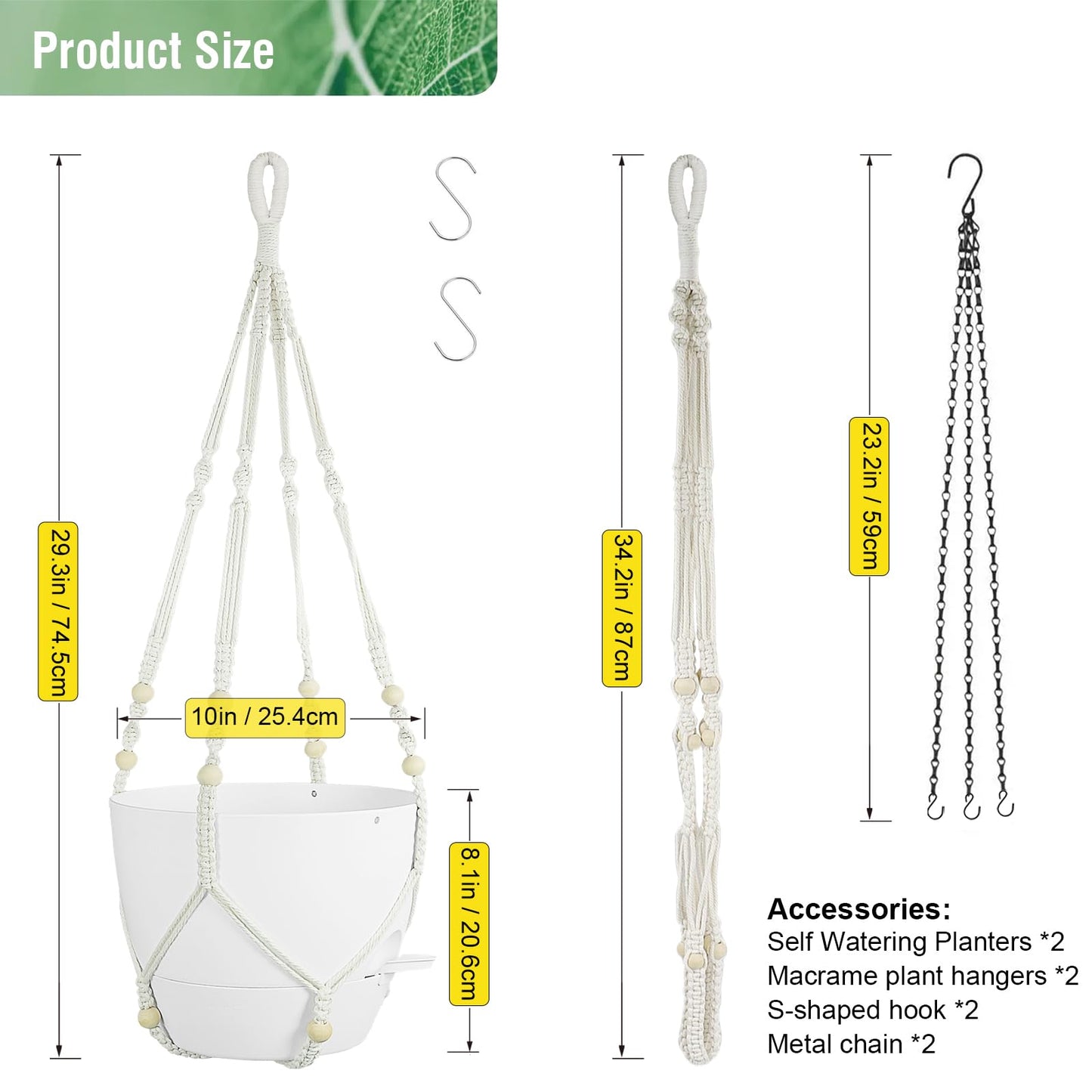Meowell 10 inch Self Watering Hanging Planters, 2 Pack Hanging Flower Pots for Indoor Outdoor Plants, Hanging Baskets with Drainage Holes & 2 Kinds of Plant Hangers for Garden Home Decor, White