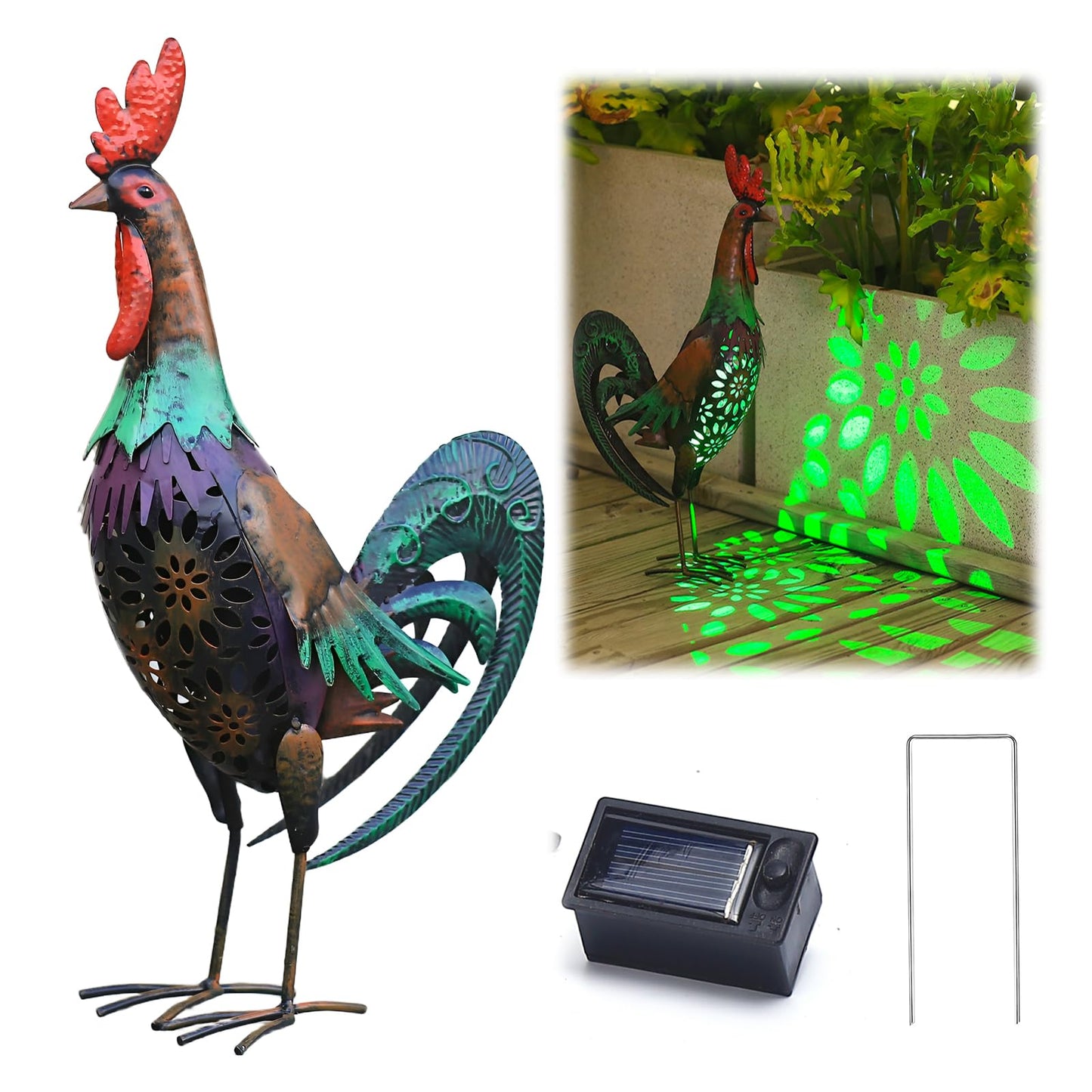 WDLFCGC Solar Rooster Statue Light Outdoor, 18" Metal Yard Art Rooster Figurines(Retro Rooster).