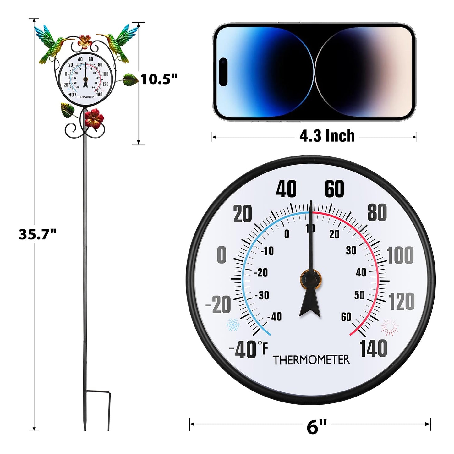Hummingbird Outdoor Thermometer with Stake Waterproof - Hanging Wall Indoor Outside Thermometer for Patio Garden Yard Porch Room Decor, Easy to Read No Battery Required