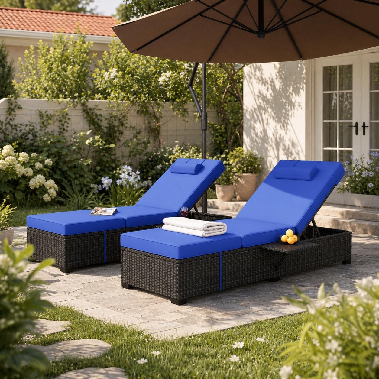Garvee Outdoor Chaise Lounge Set of 2, 5-Position Adjustable Reclining PE Wicker Lounge Chairs with Cushions for Poolside, Garden, Patio, Backyard, Blue