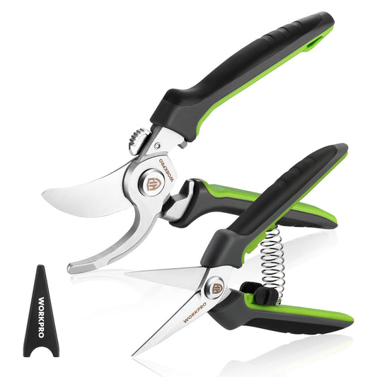 WORKPRO Garden Pruning Shears 2 Pack, 8.25" Bypass Pruning Shears and 6.25" Straight Garden Flower cissors, Garden Clippers Hand Tools for Cutting Flowers, Trimming Plants, Picking Fruits