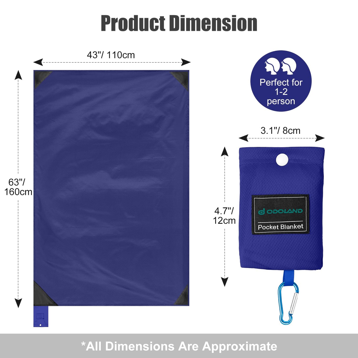 Odoland Beach Blanket Picnic Blanket, 43" x 63" SandProof Waterproof Outdoor Pocket Blanket with Portable Bag, Foldable Lightweight Sand Free Quick Drying Beach Mat for Hiking Camping Travel, Blue