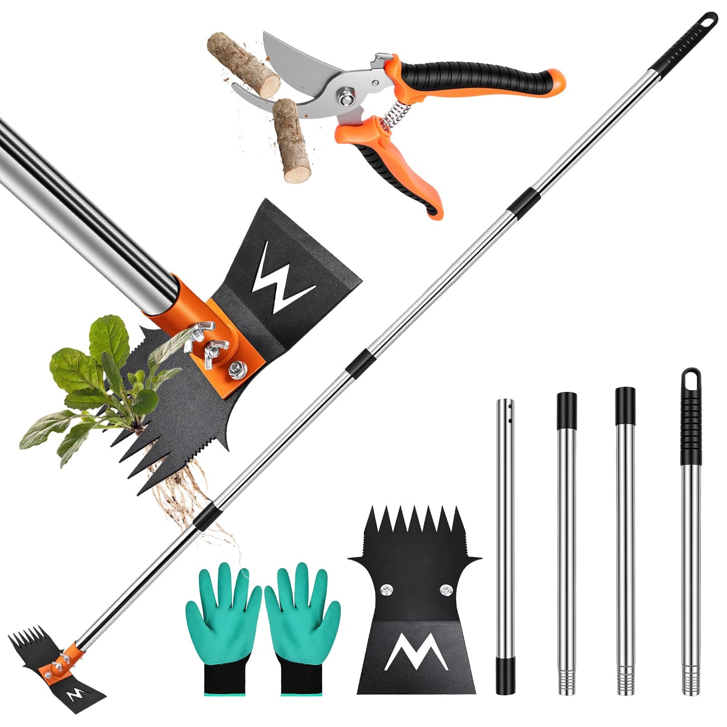 Garden Hoe & Weed Puller Tool with Long Handle, 60 Inch,Manual Weed Remover Tool, 3-in-1 Weed Rake & Grabber & Pruning Shears, Dandelion Gardenia Heavy Duty Uprooting Tool for Yard, Lawn and Garden