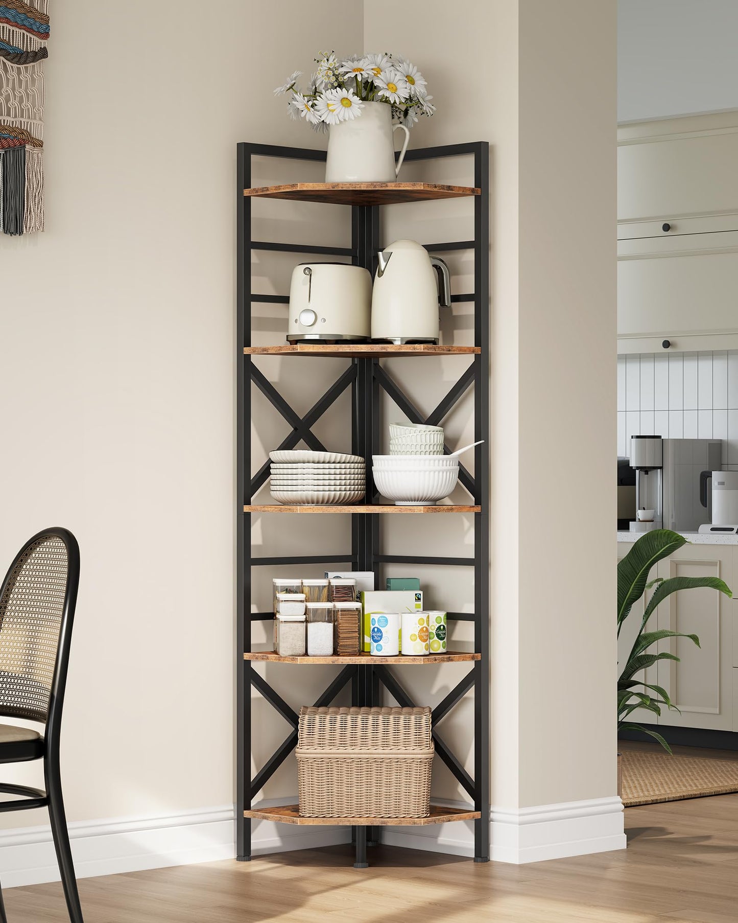 CHOEZON 69.3" Corner Shelf 5-Tier, Large Corner Shelving, Freestanding Storage Stand for Bedroom, Living Room, Kitchen, Industrial Engineered Wood Bookshelf Organizer, Rustic Brown and Black TCJ15BF