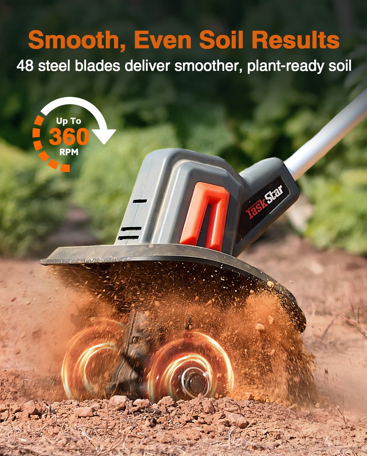 Cordless Tiller Cultivator for Gardening, 360 RPM Electric Garden Rototiller with 48 Steel Tines, 9 Inch Tilling Width & 7 Inch Depth, 21V Battery Powered Small Tiller for Soil/Cultivating/Lawn/Garden