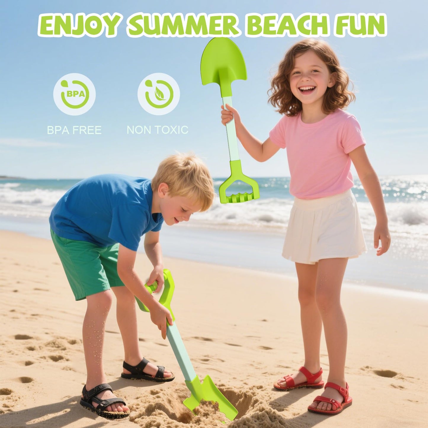 QINGLER 20” Long Sand Beach Shovels for Kids Heavy Duty Plastic Summer Sand Scoops Spades Toy Sandbox Garden Snow Digging Play Gift Set Party Bundle 2 Pack Green