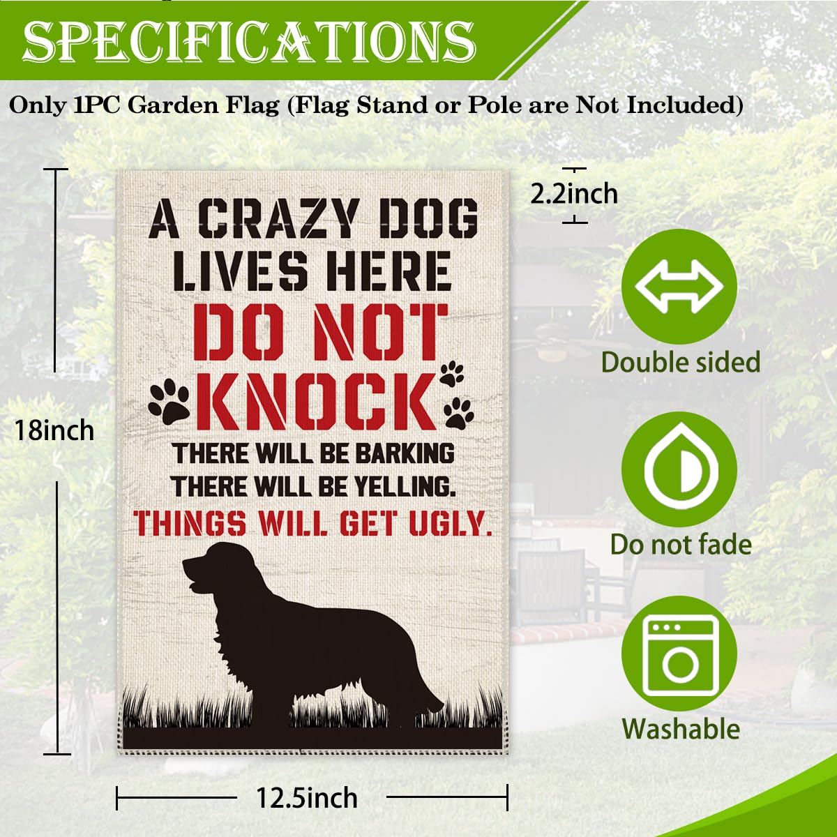 Hafhue A Crazy Dogs Live Here Do Not Knock They Will Bark Welcome Garden Flag, Yard Outdoor Farmhouse Home Decorations 12x18 In Waterproof Double Sided Printing, Funny Yard Flag Gift for Dog Lover