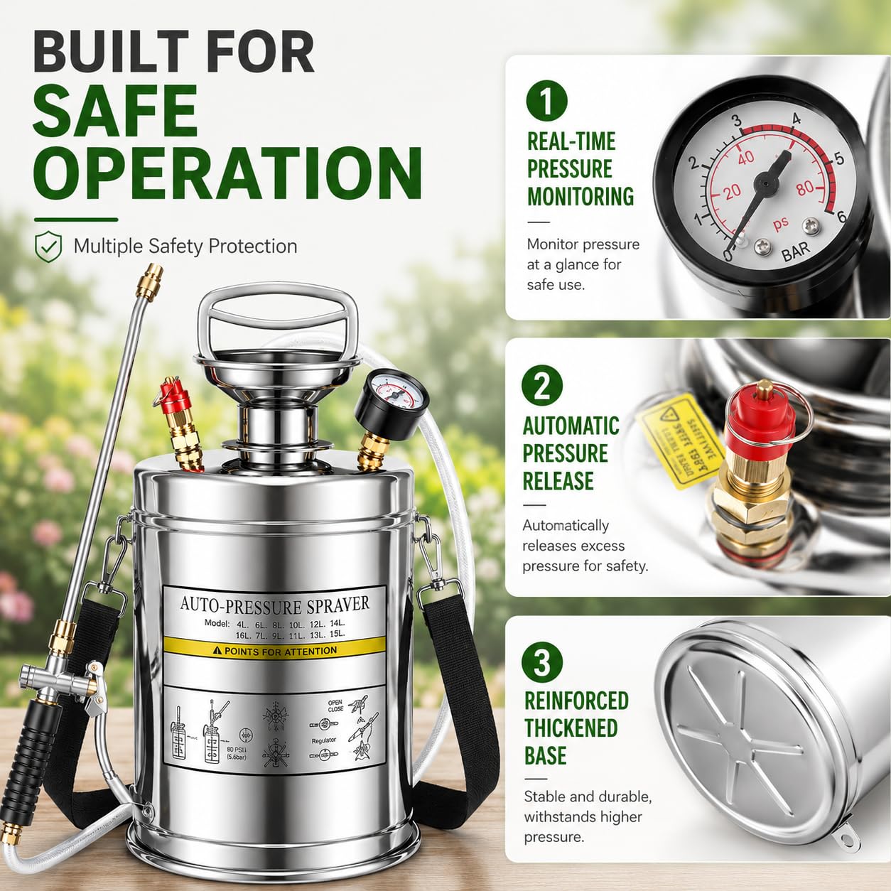 Kweetle 1.5Gal Stainless Steel Pump Up Sprayer Reinforced Hose, Hand Pump Sprayer with Pressure Gauge&Safety Valve, Adjustable Nozzle Suitable for Gardening (1.5 Gallon)