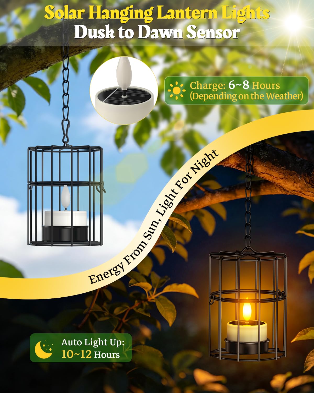 Yme Solar Hanging Lanterns Outdoor Waterproof, 2 Large 2 Small Hanging Candle Holders - 4PCS Flickering Flameless LED Solar Tea Lights, Outdoor Decor for Patio Garden Backyard Tree Fence Pergola