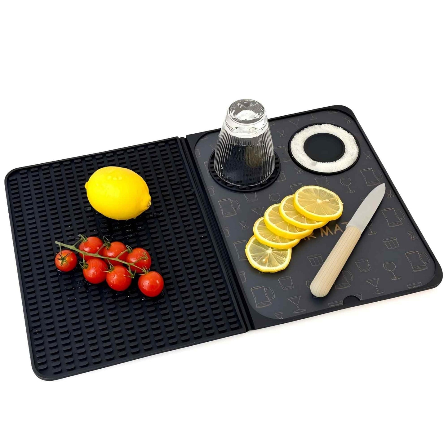 Bar Mat, Bar Accessories, Multifunctional Folding Cocktail Mat with Cutting Board, 18" X 12"(Black) Drying Mats,Bar Mat for Countertop,Bar Decorations for Home , Outdoor Bar Accessories ,Travel