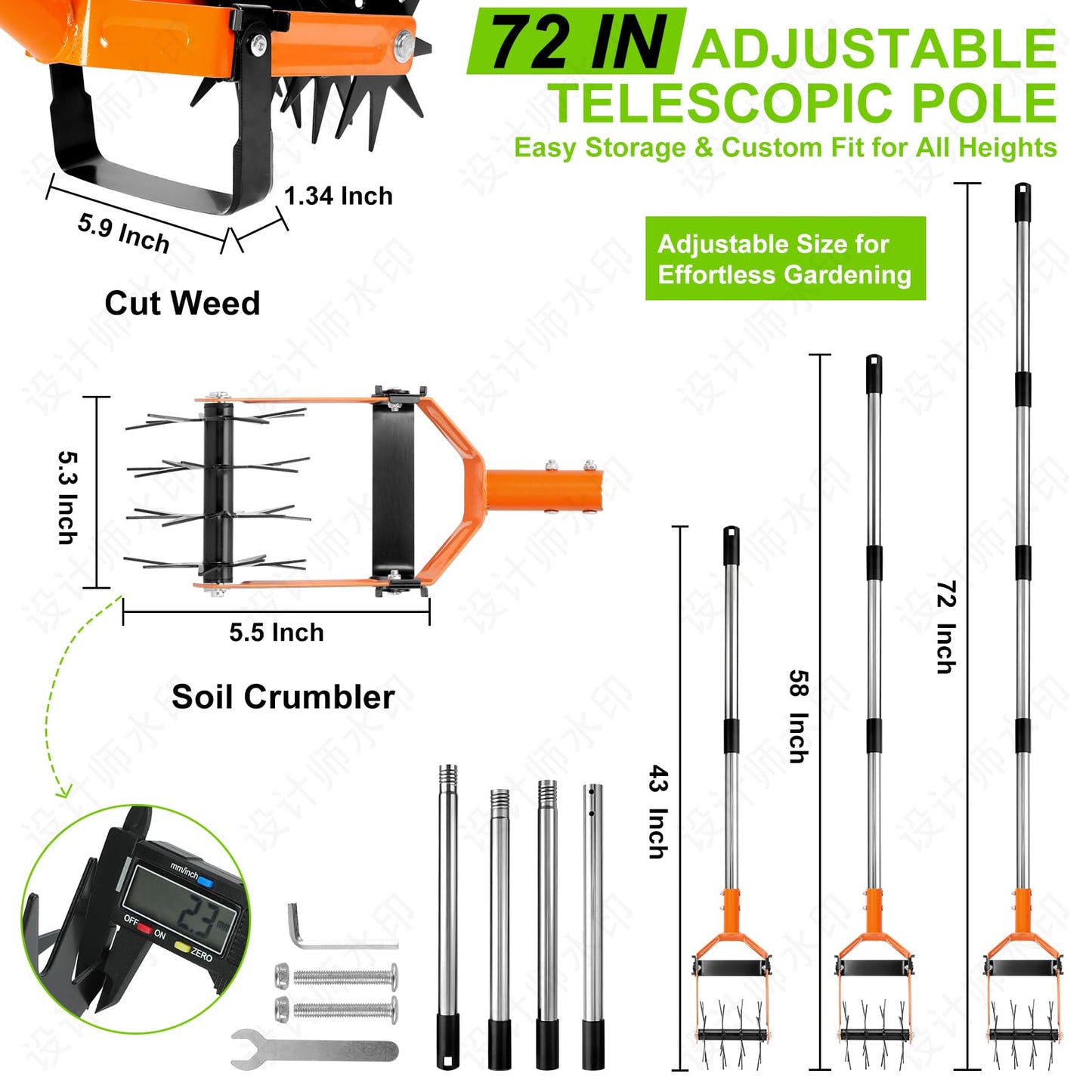 Rotary Cultivator - 43"-72" 4-Piece Threaded Stainless Steel Handle, 6" Hardened Steel Tines, for Lawn Aeration, Soil Loosening & Grass Reseeding