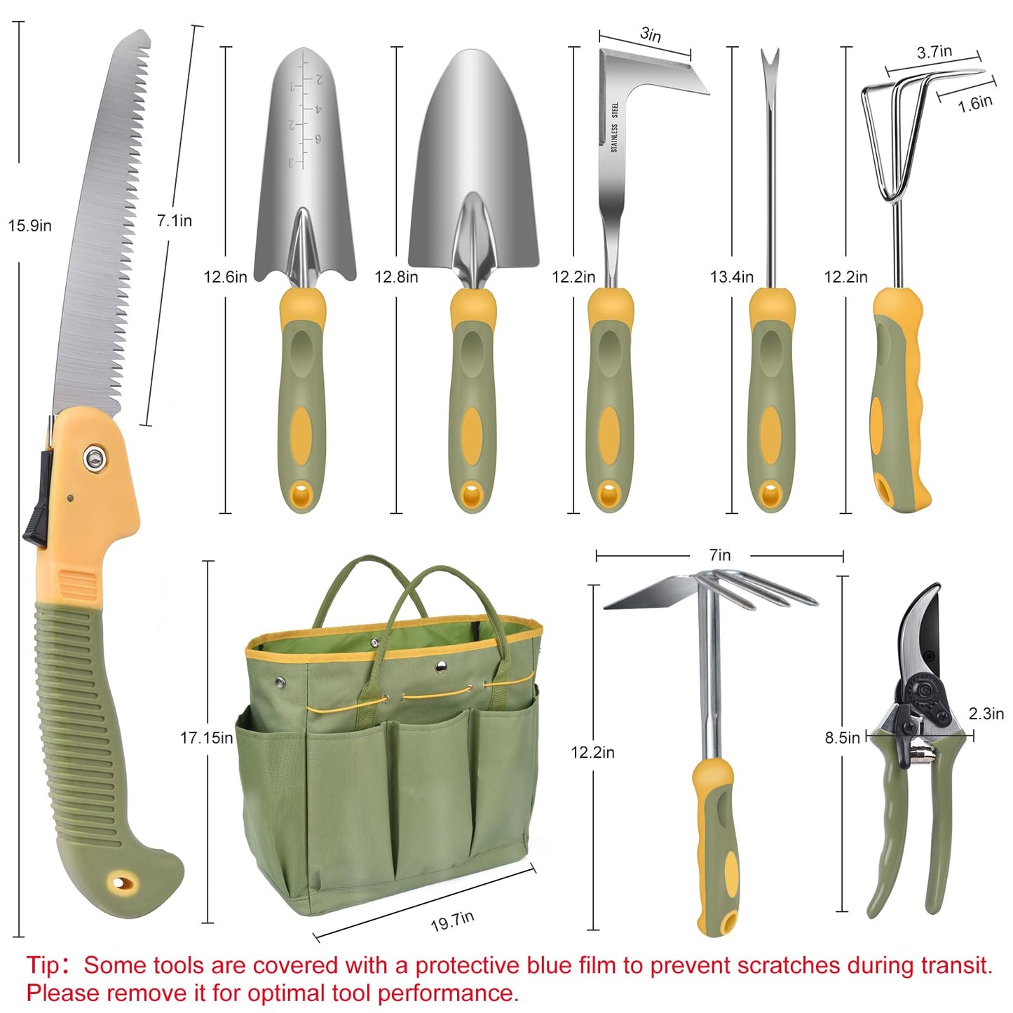 Garden Tool Set, WisaKey 9 Piece Stainless Steel Heavy Duty Gardening Hand Tools with Handle, Durable Garden Tool Bag, Gardening Gifts for Women and Men Valentine's Gift for Woman