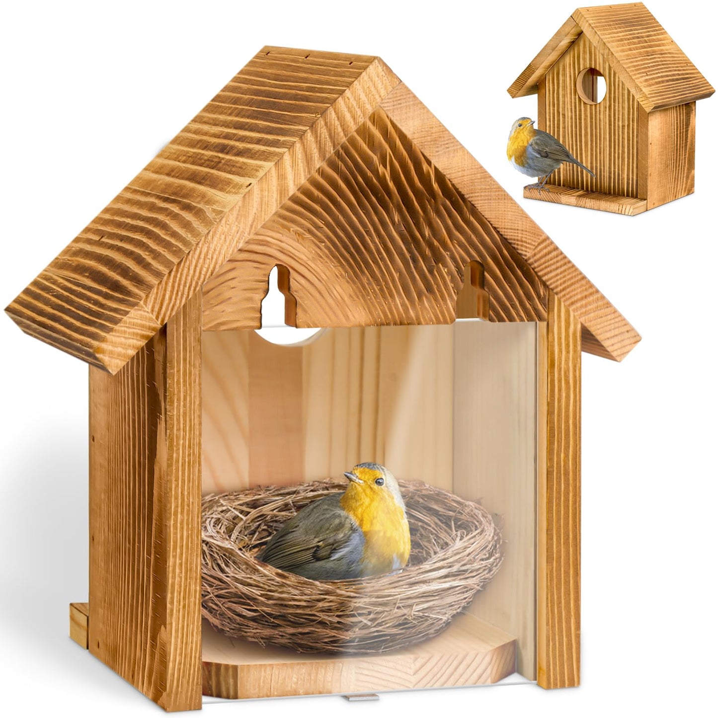 Window Bird Houses for Outside with 2 Powerful Hooks, Clear Window Bird House for Viewing Inside, Hanging Wooden Birdhouses to Paint for Outdoors, Bird Nesting Box for Bluebird Finch Chickadee