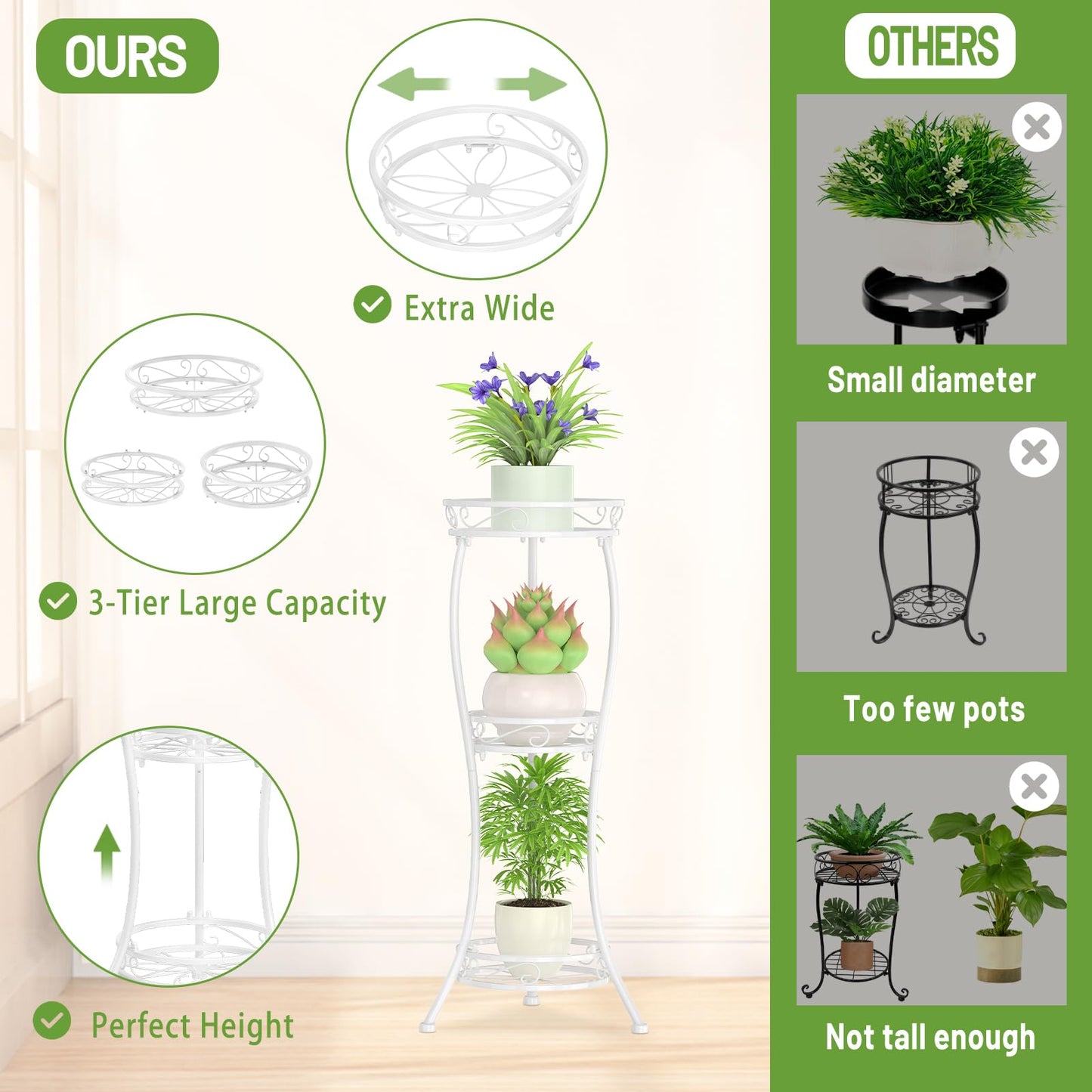 iDavosic.ly 3 Tier Tall Metal Plant Stand Indoor Outdoor, Wrought Iron Corner Flower Pot Holder Shelf, 34 Inch Vertical Display Rack for Patio Porch Living Room Garden, White