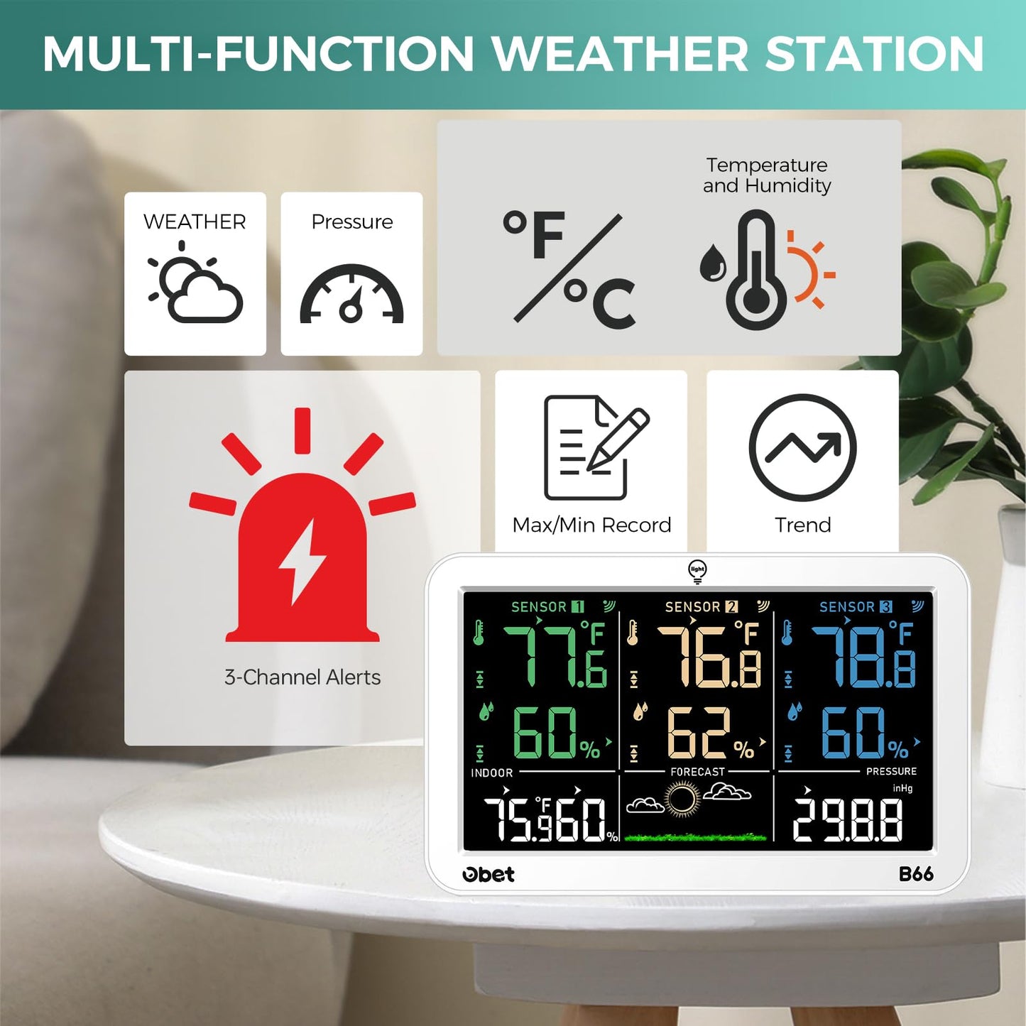 OBET Weather Station Wireless Indoor Outdoor Thermometer with 3 Sensors, Temperature Humidity Monitor with Alerts 500ft Range and 3 Adjustable Brightness White