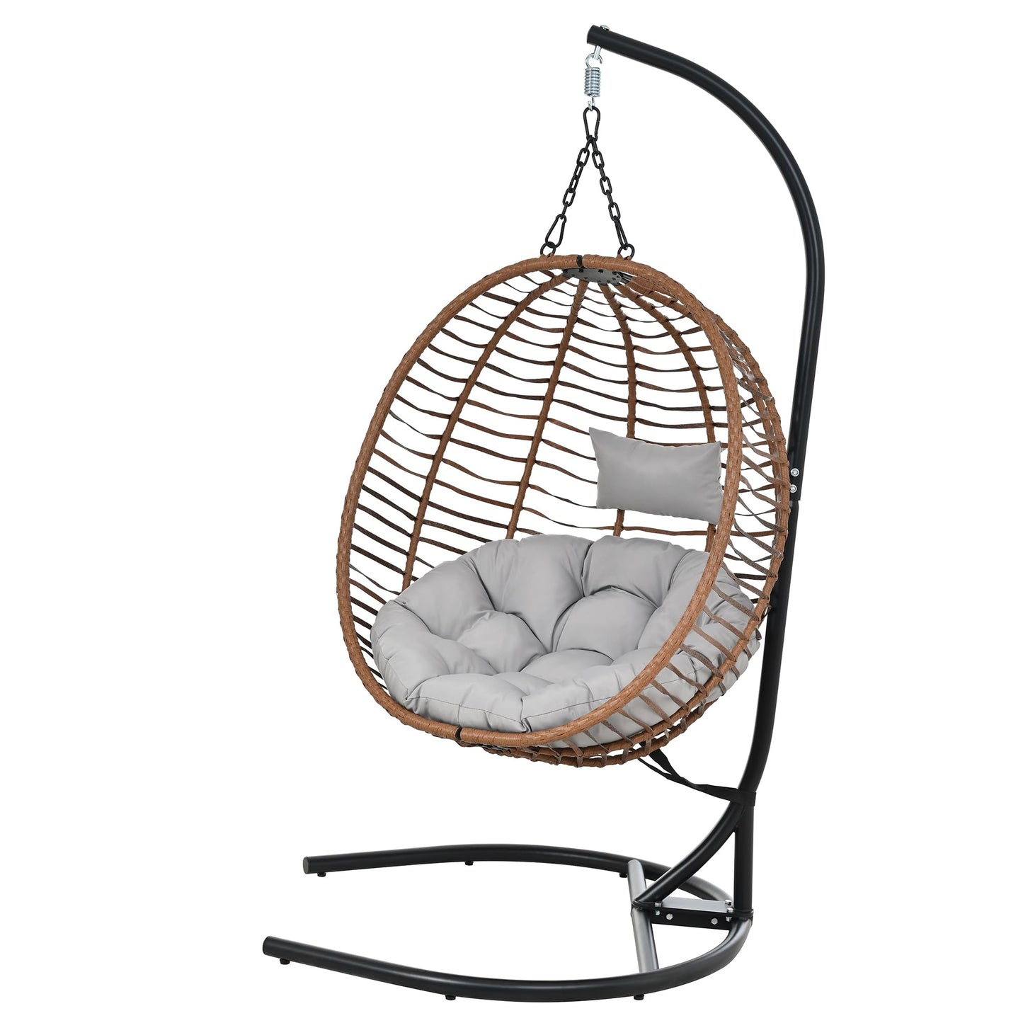 GDFStudio Hammock Chair with Stand, Rattan Wicker Hanging Egg Chair with Cushion & Headrest, Iron Frame Folding Patio Hammock Swing Chair for Indoor Outdoor Balcony Porch Garden, 330 lbs, Brown+Gray