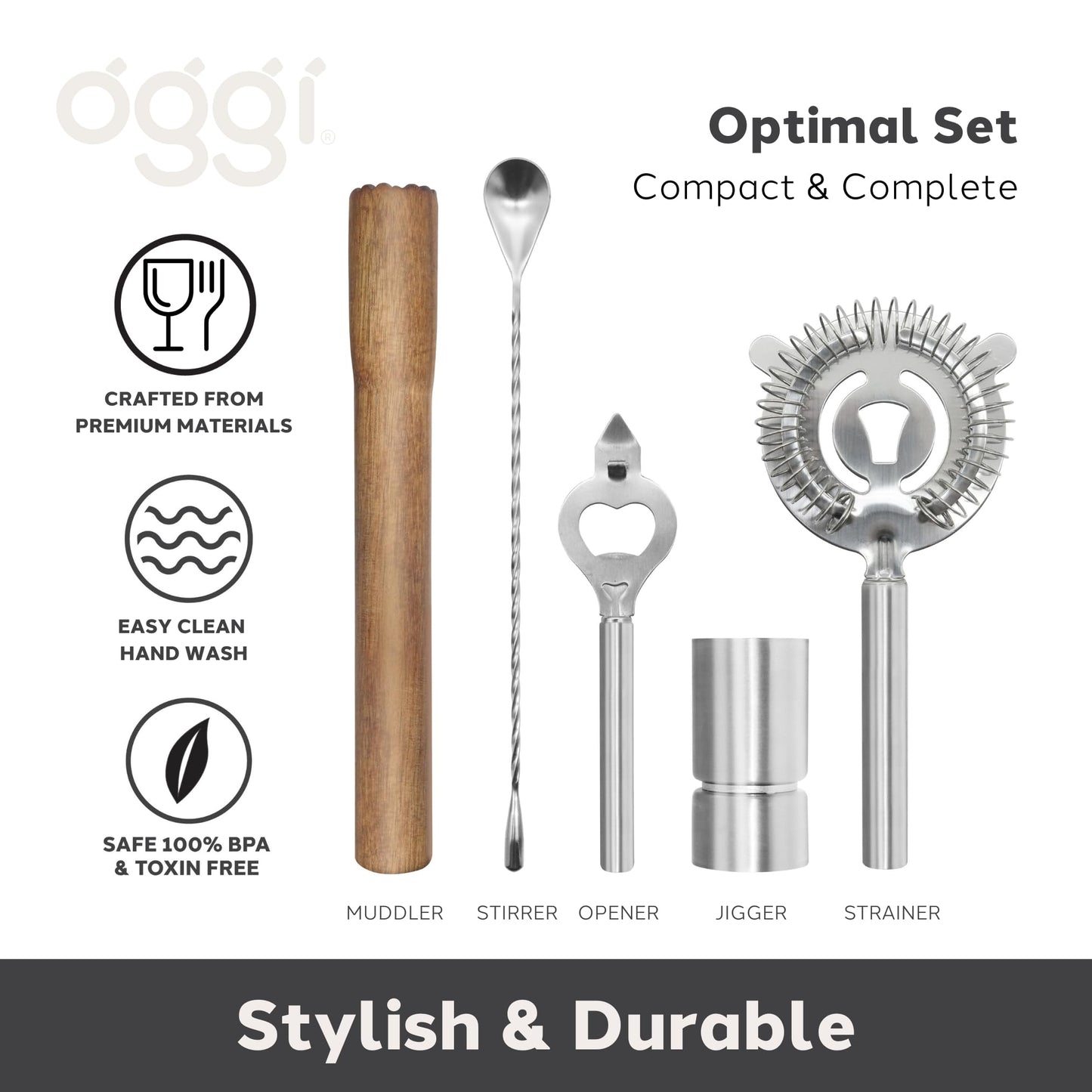 OGGI 6-Piece Slim Bartender Kit - Ideal Bar Cart Accessories, Great Decor and Accessories for the Home Bar, Bartending Kit - Acacia Base & Muddler, Stainless Stirrer, Opener, Jigger, Cocktail Strainer