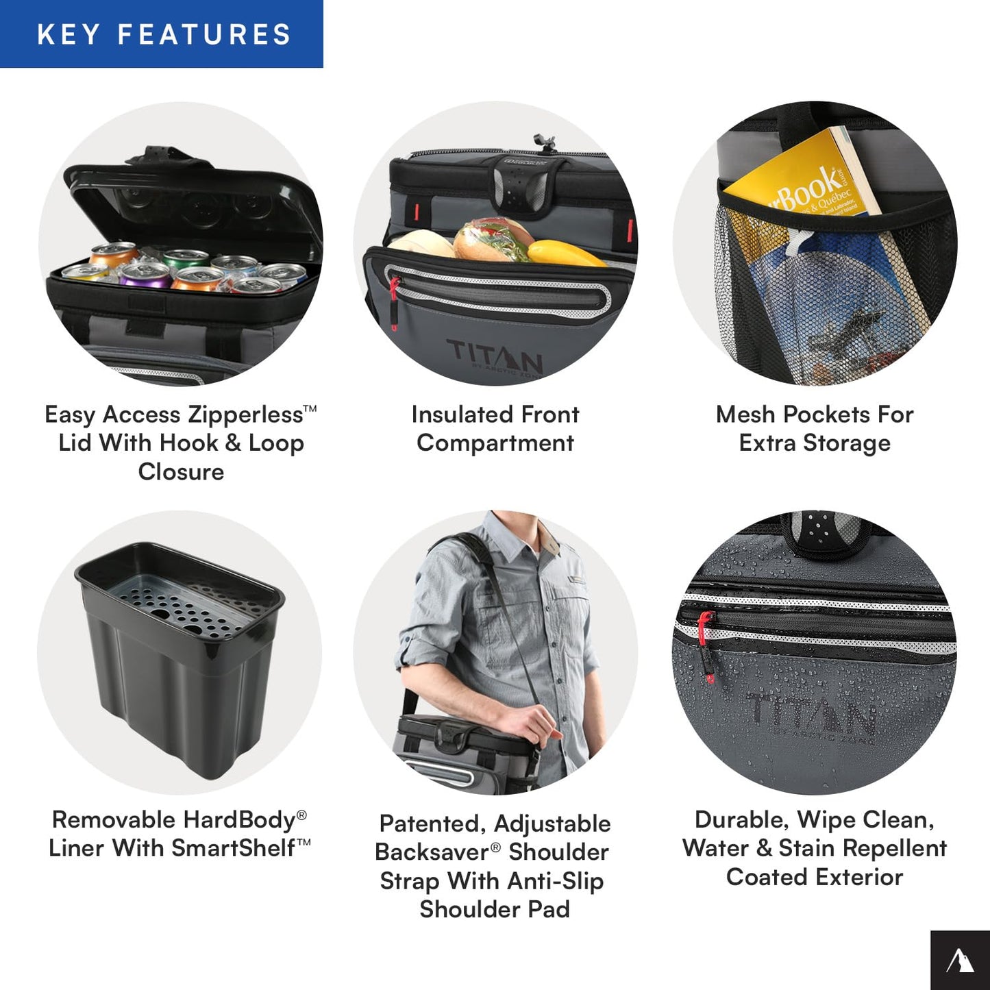 Titan by Arctic Zone Zipperless Soft Sided Cooler with HardBody Liner and SmartShelf, Insulated Bag with Shoulder Strap for Lunch and Travel, 16 Can Capacity, Sharkskin Gray