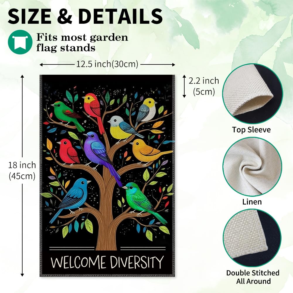 LAGZDFC Welcome Diversity Garden Flag Yard Decoration Gifts, Double Sided Farmhouse Outdoor Lawn Decor Yard Flag, Funny Rainbow Diverse Birds Welcoming Sign, Unity Equality Community Pride Flags