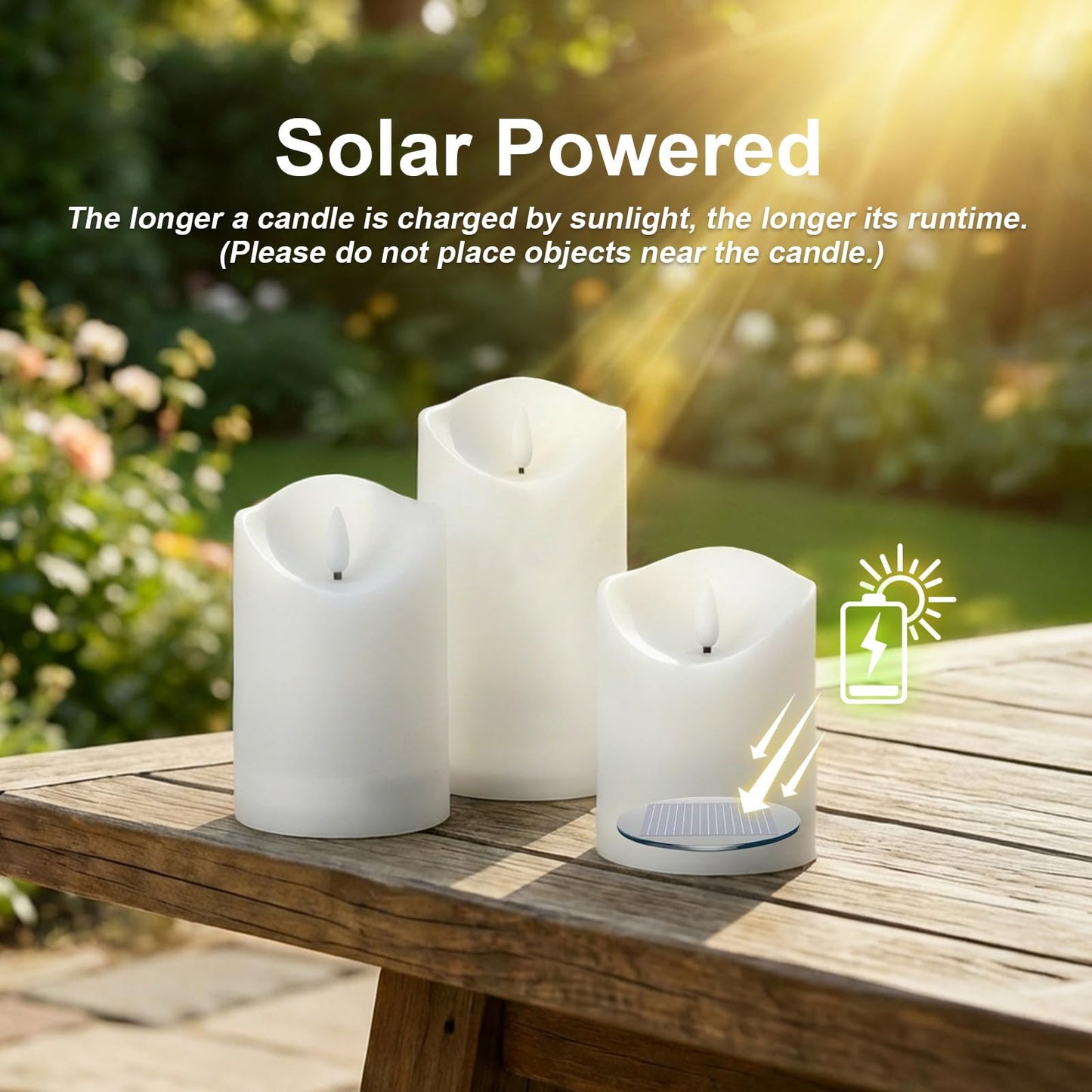 ARIKJ Solar Candles Outdoor Waterproof, Flameless LED Candles Rechargeable, Solar Powered Pillar Candles Dusk to Dawn for Patio Lantern Garden Table Decorations, Set of 3, 3.25" X 4"5" 6"