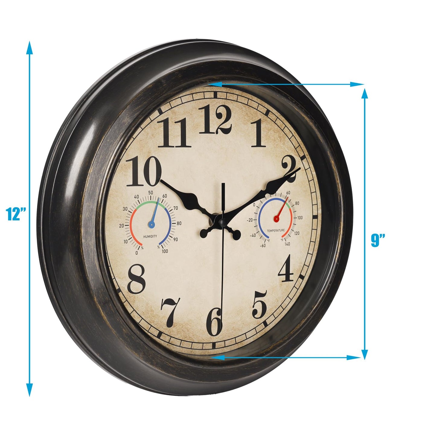 12 Inch Outdoor Clock with Thermometer and Hygrometer Combo, Waterproof Indoor Outdoor Wall Clocks for Patio, Pool,Garden Decor- Retro Bronze