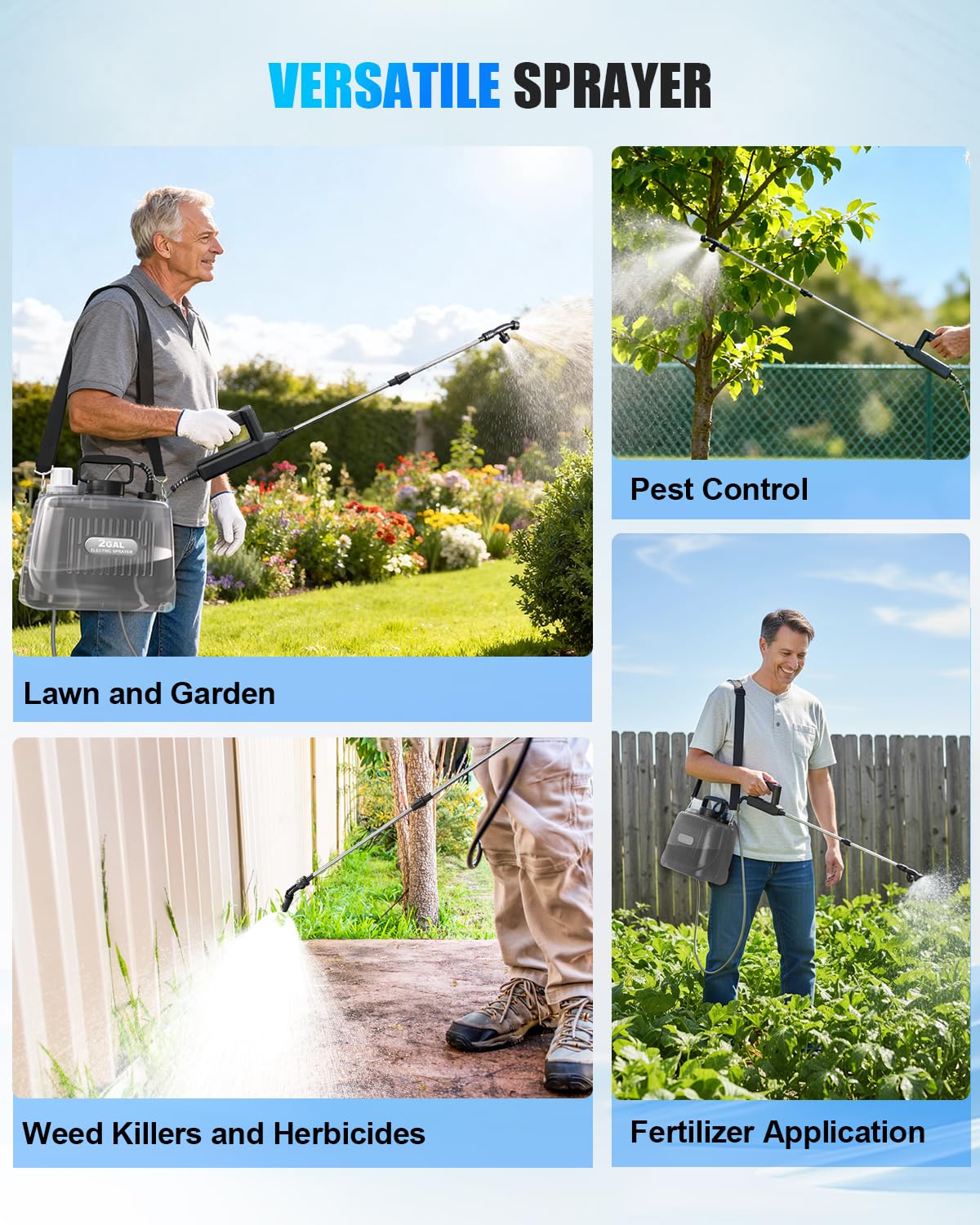 Sylsmart Battery Powered Sprayer 2 Gallon, Electric Weed Sprayer with 3 Adjustable Pressure Levels, 4 Nozzles & Extendable Wand, Rechargeable Garden Sprayer for Yard, Lawn, Plants & Fertilizer