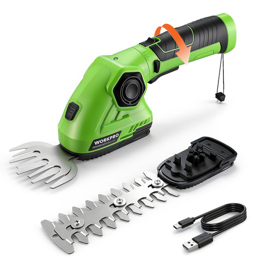 WORKPRO Cordless Grass Shear & Shrubbery Trimmer - 2 in 1 Handheld Hedge Trimmer 7.2V Electric Grass Cutter 2.0Ah Rechargeable Lithium-Ion Battery and USB Cable Included