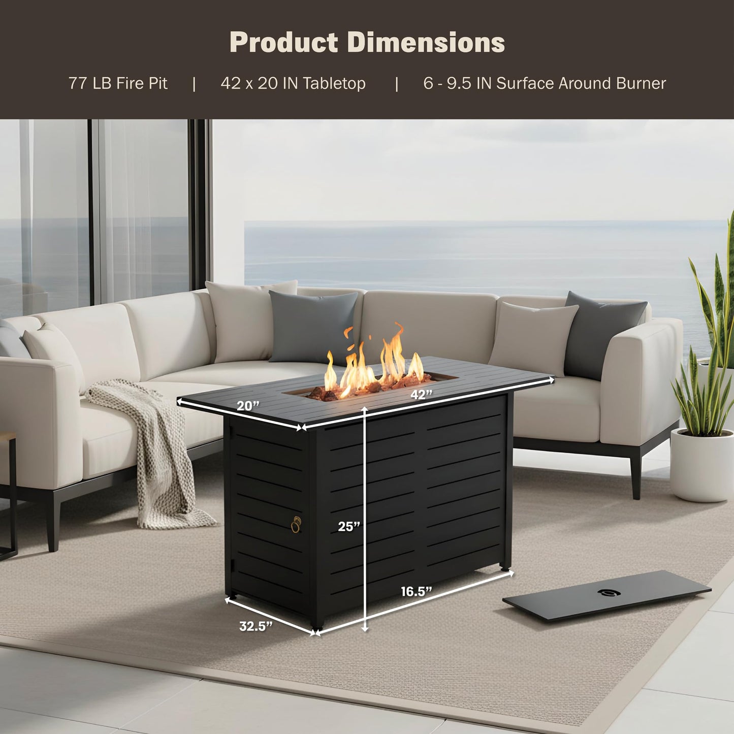 Kinger Home 42-Inch Ore Outdoor Propane Fire Pit Table 50000 BTU, Powder-Coated Stainless Steel Patio Firepit with Lava Rocks, Black