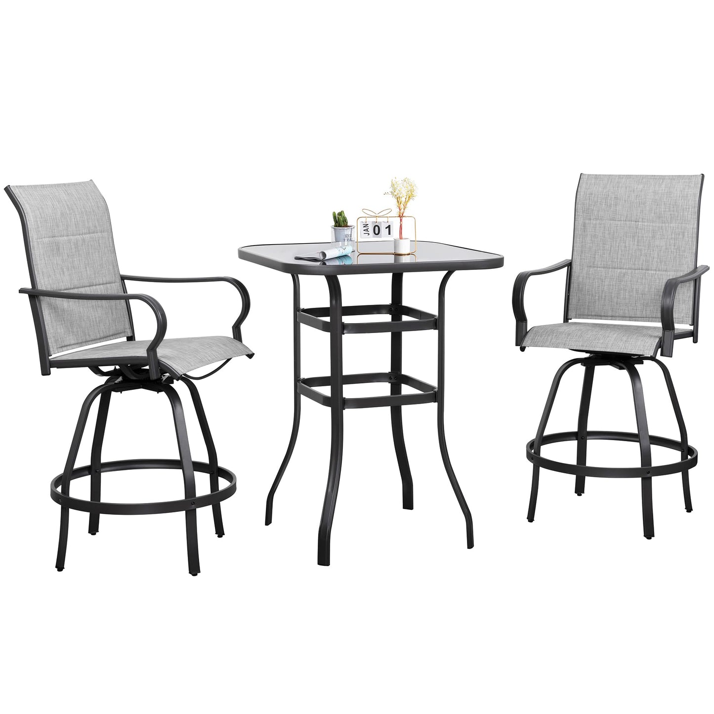 Shintenchi 3 Piece Patio Swivel Bar Stools Set, Outdoor Patio Bar Table and Chairs Set, All Weather Bar Height Chairs Set of 2, High Top Bistro Set Furniture for Balcony, Backyard, Padded Light Grey