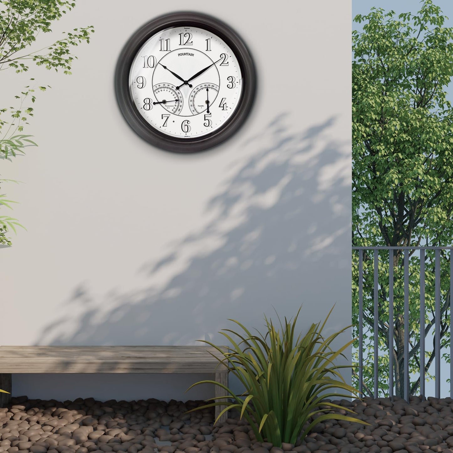 FOUNTAIN DESIGNS 18 Inch Illuminated in/Outdoor Clock with Smart Sensor and Night Light, Waterproof, Large Wall Clock with Thermometer & Hygrometer for Patio,Pool and Garden Decor,Oil Rubbed Bronze