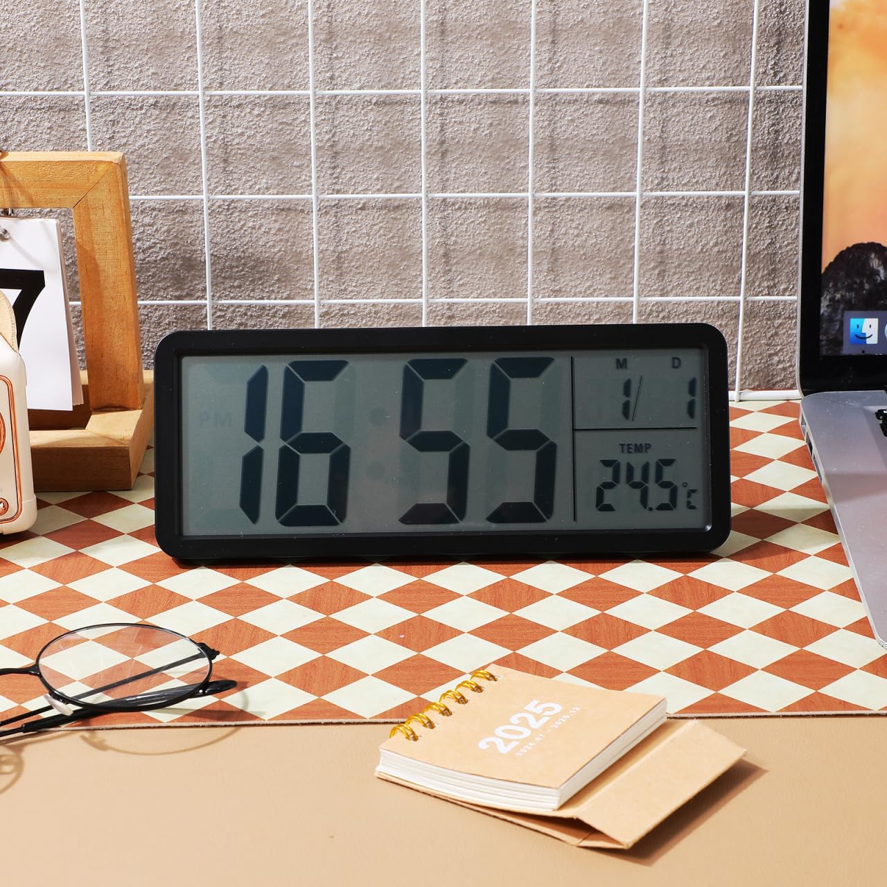 Cabilock Digital Wall Clock Battery Operated: Wall-Mounted LCD Display Clocks with Date Temperature, 12/24hr Silent Bedside Clock for Office Home Living Room Bedroom Kitchen