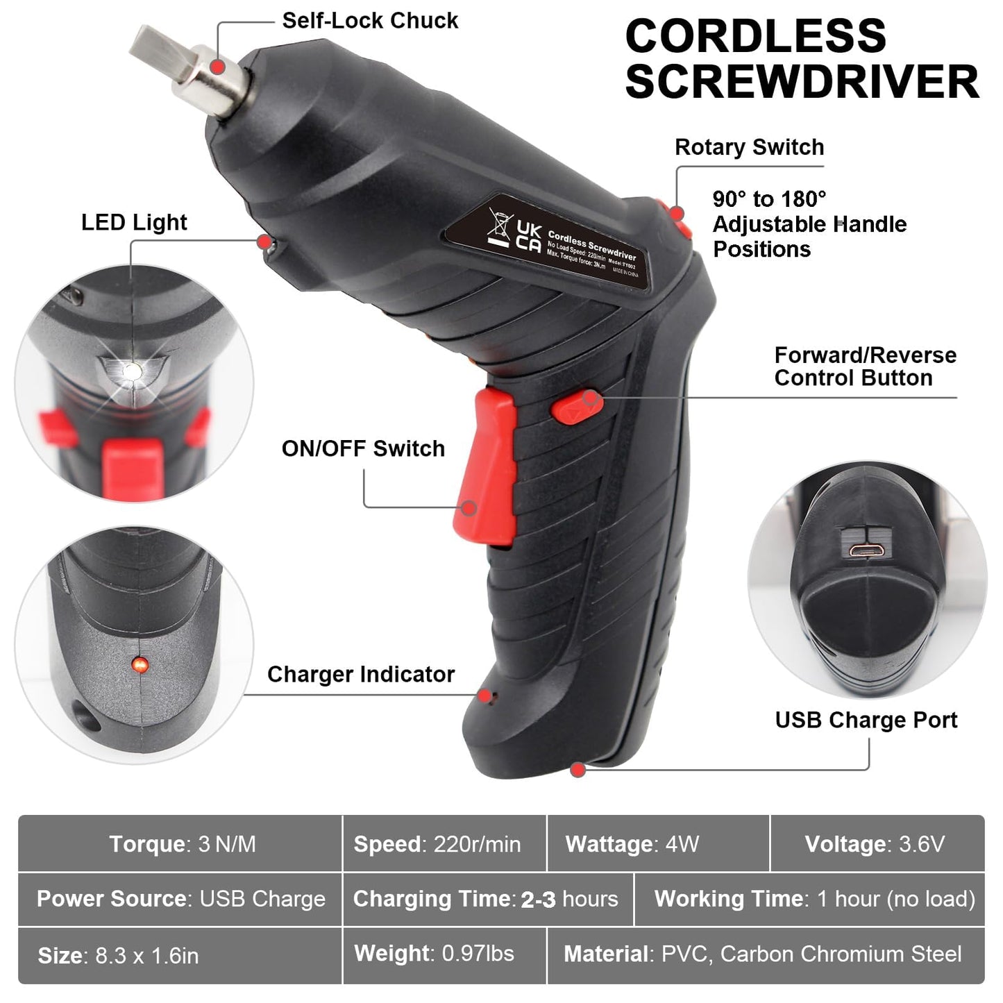 MYMULIKE Cordless Electric Screwdriver, 3.6V Rechargeable Power Screwdriver with 47pcs Accessories, usb Charging, 3Nm Screw Gun, Mini Screwdriver set with LED Light Electric Power Drill Set