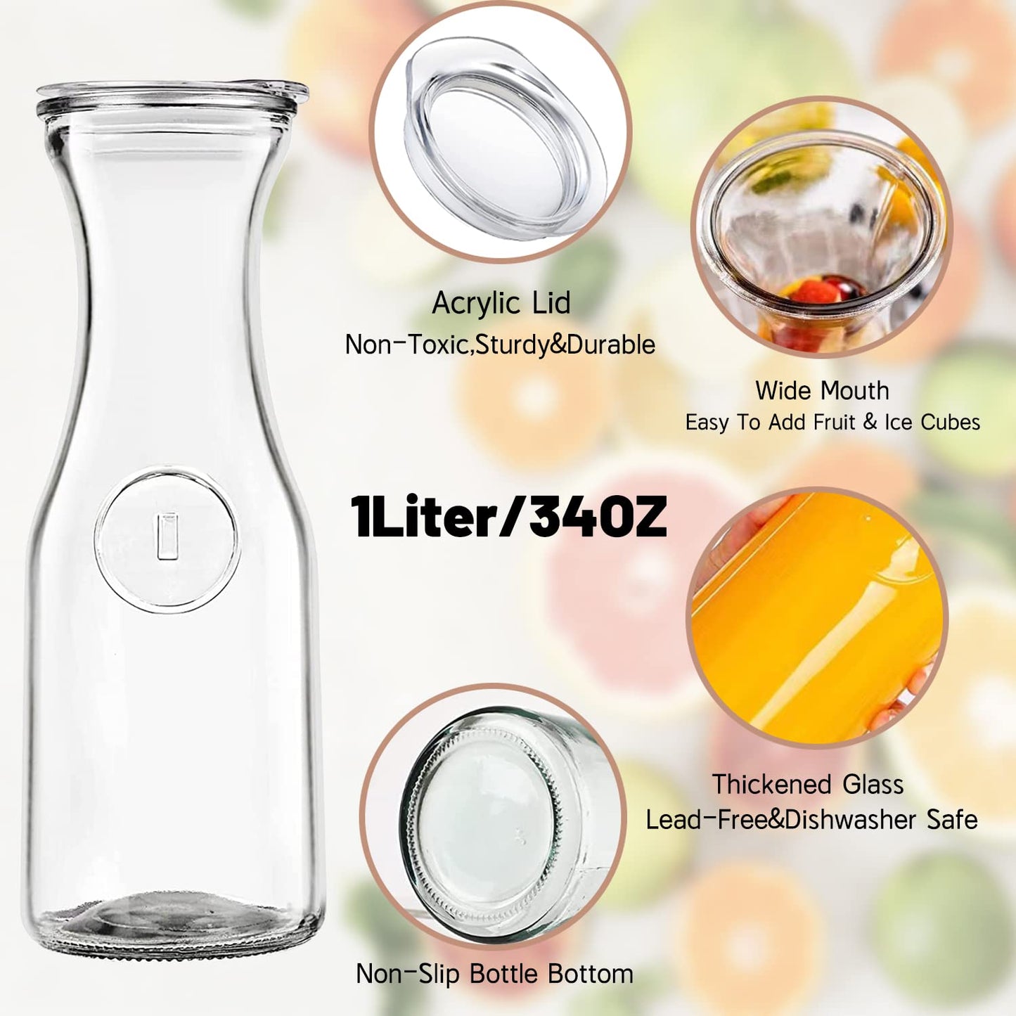 Set Of 4 Glass Carafes & Pitchers For Mimosa Bar Supplies, 1 Liter Beverage Glass Carafe With Lids For Wine,Brunch,Champagne,Lemonade,Milk,Iced Tea,Juice Pitcher & Container, Water Carafe With lid